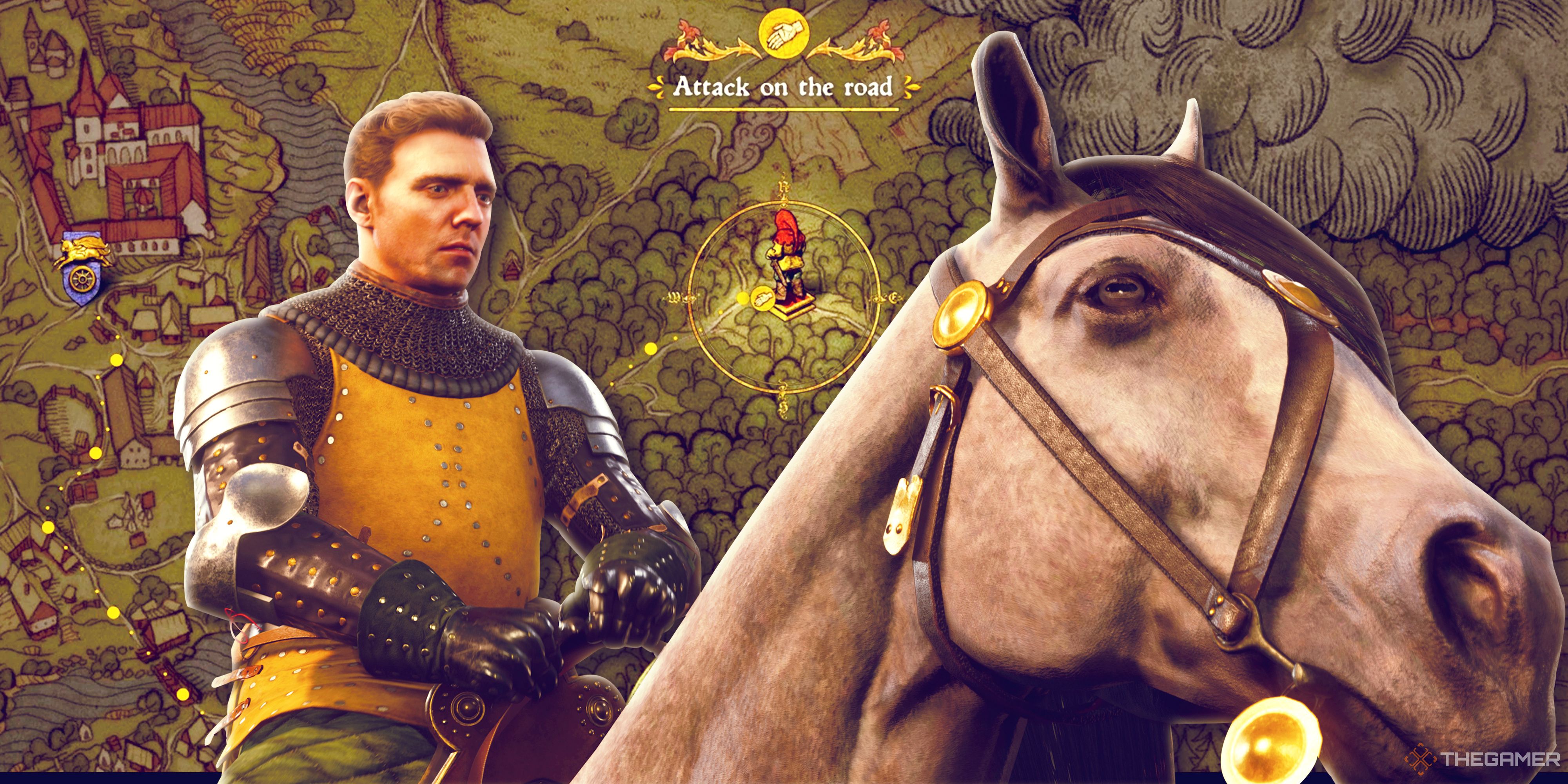 Henry riding his horse Pebbles in Kingdom Come Deliverance 2 with a fast travel map in the background.