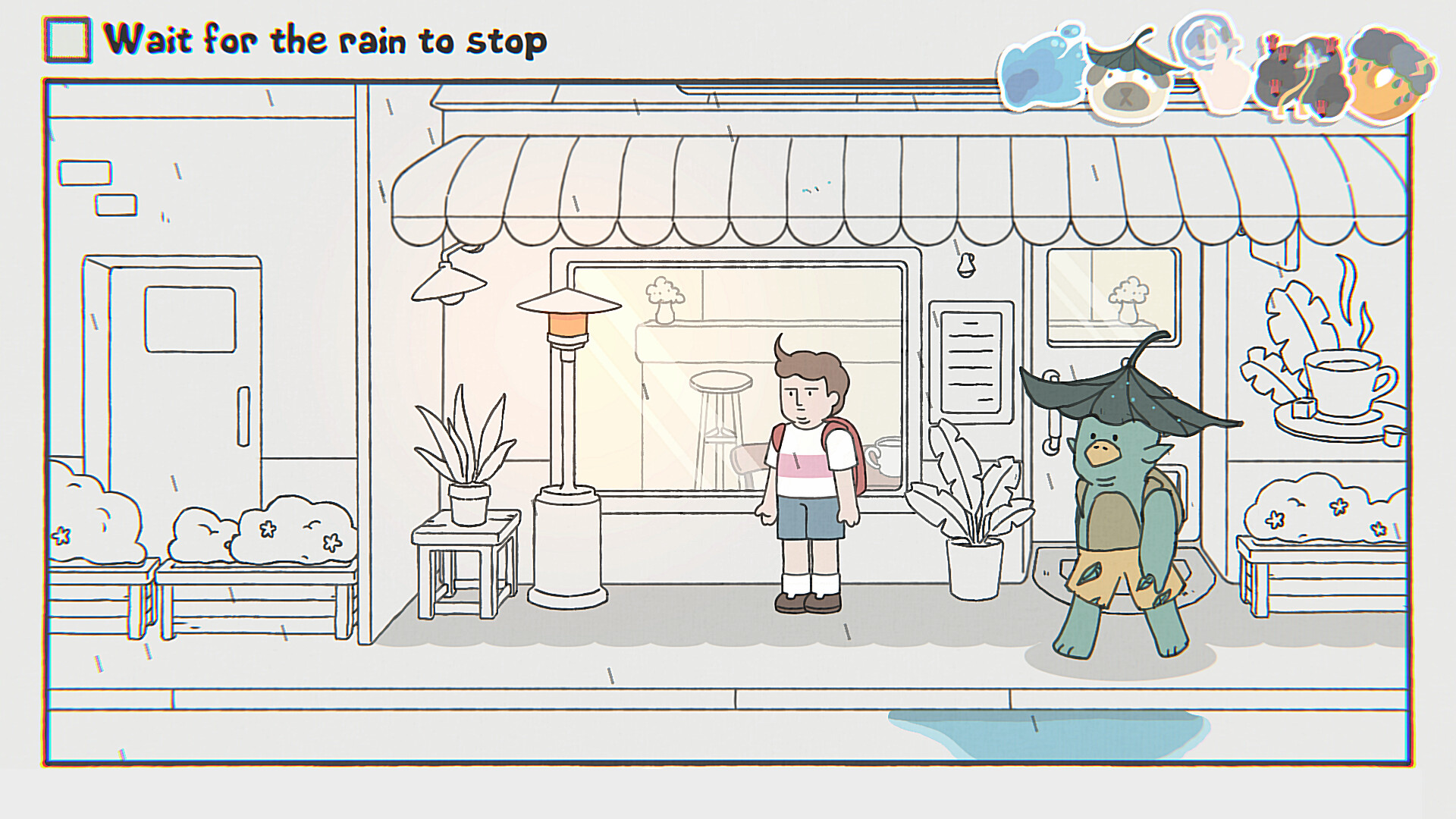 While Waiting screenshot featuring the protagonist waiting for the rain to stop