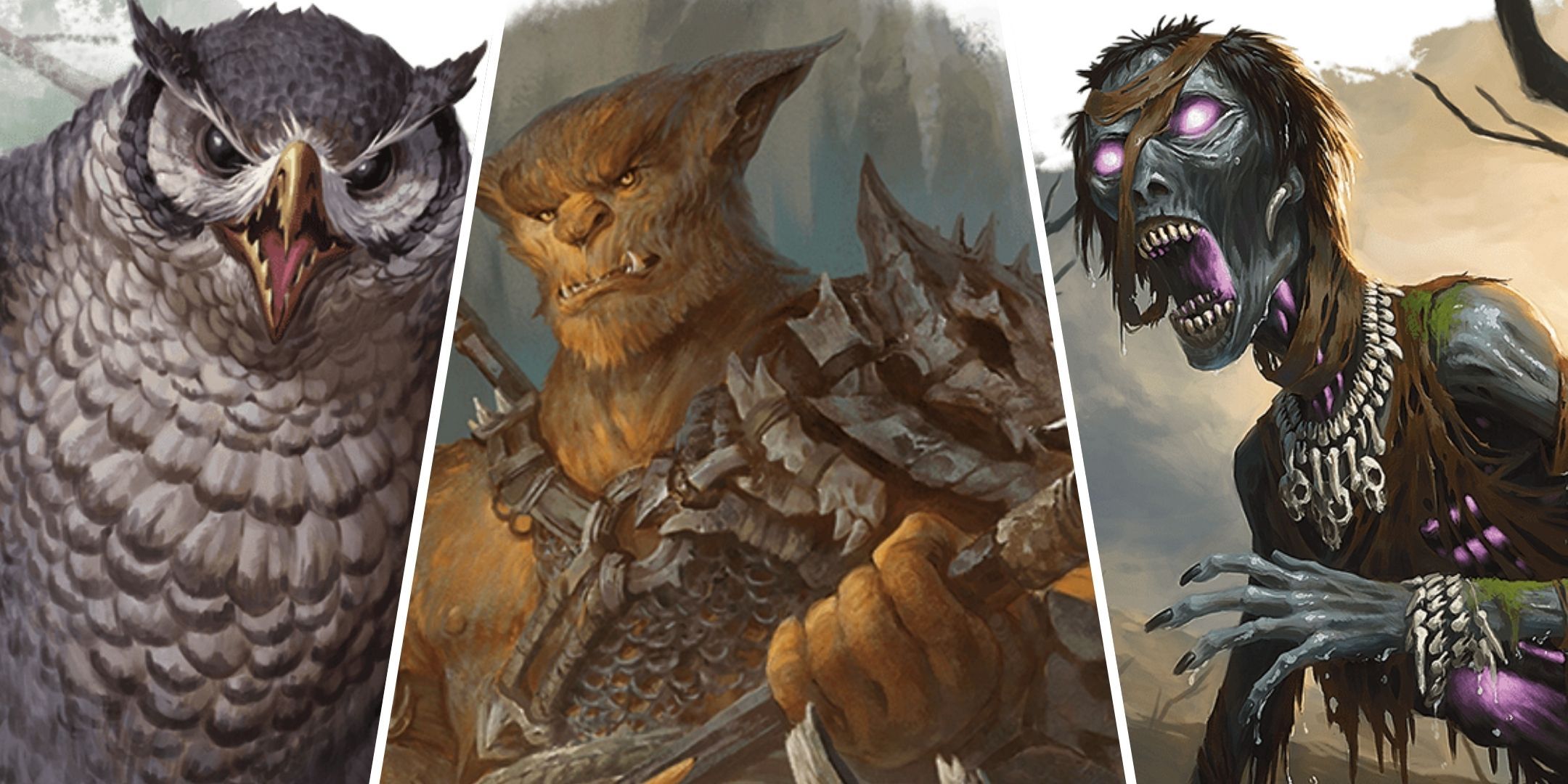 A collage of an owlbear, bugbear, and mummy.