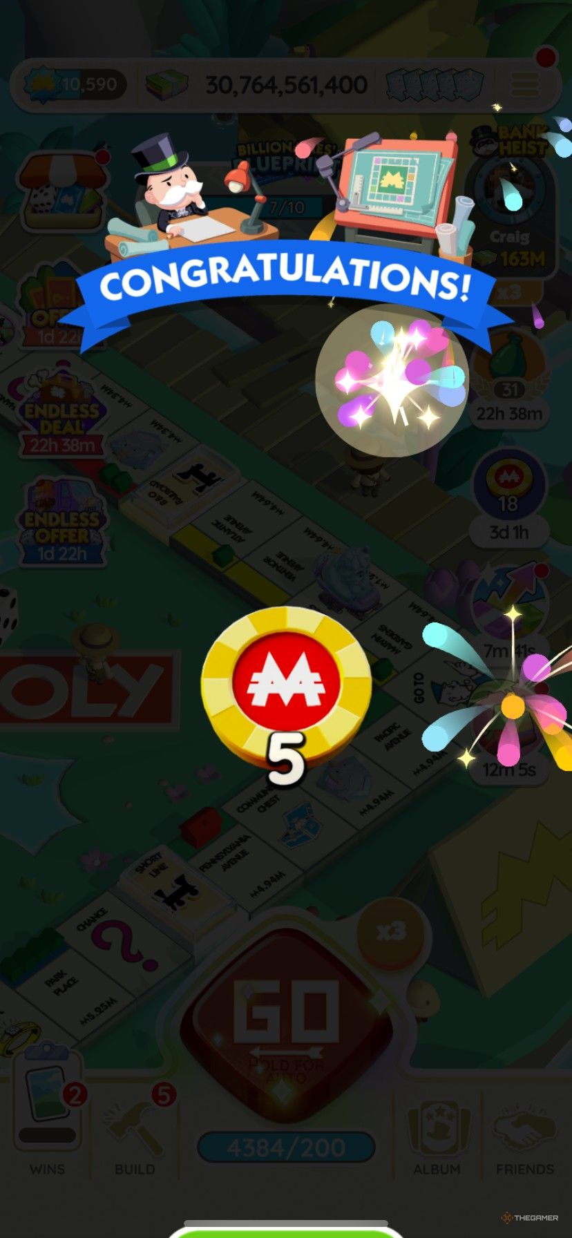 Earning 5 free Peg-E chips in Billionaire's Blueprint in Monopoly Go.