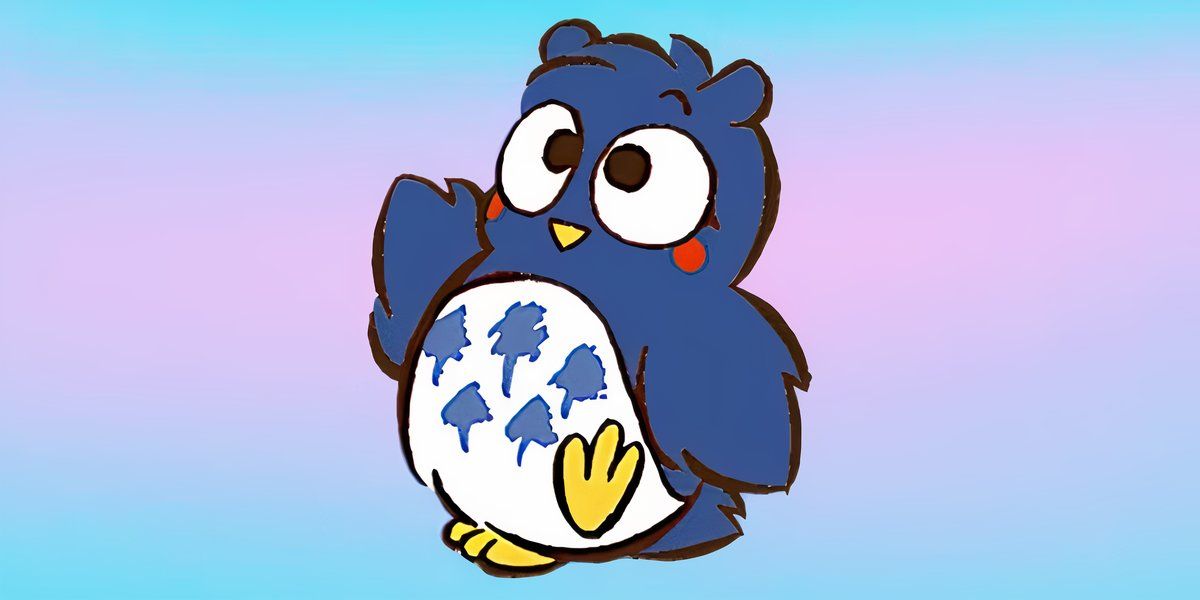 Patapatapeppy the owl stands against a pink and blue gradient backdrop.