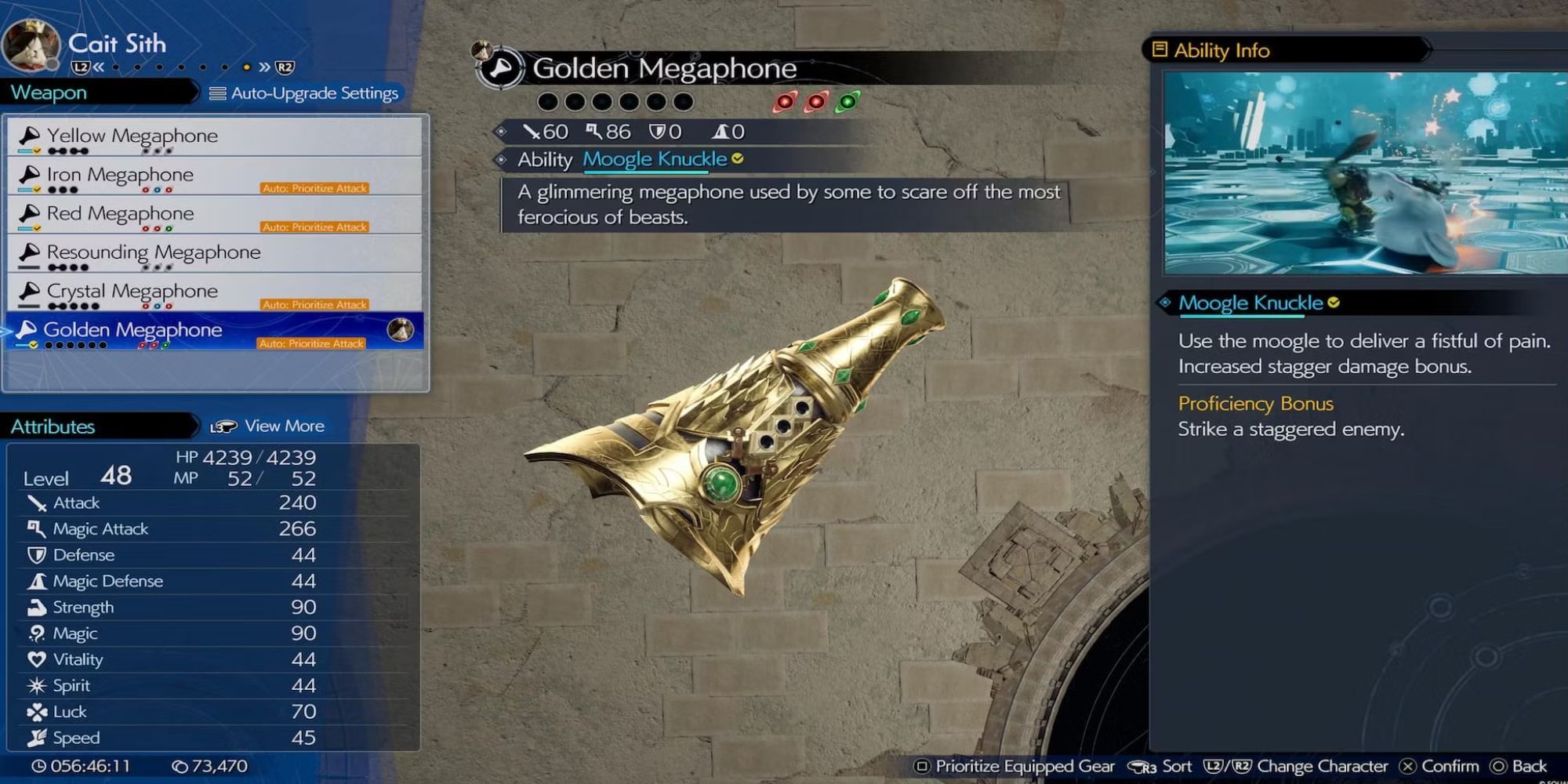 A menu showing the stats of the Golden Megaphone from Final Fantasy 7 Rebirth.