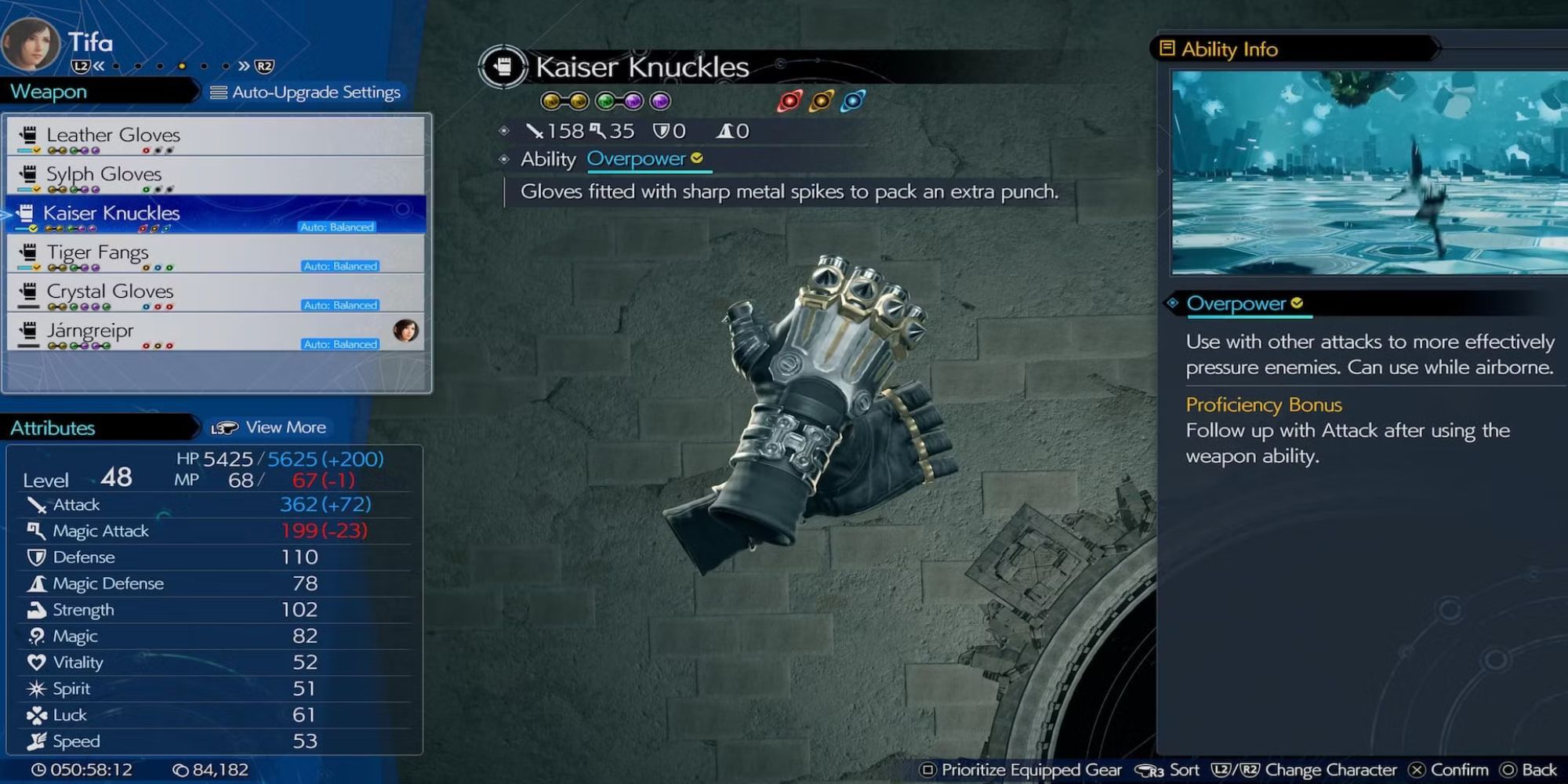 A menu showing the stats of Tifa's Kaiser Knuckles in Final Fantasy 7 Rebirth.