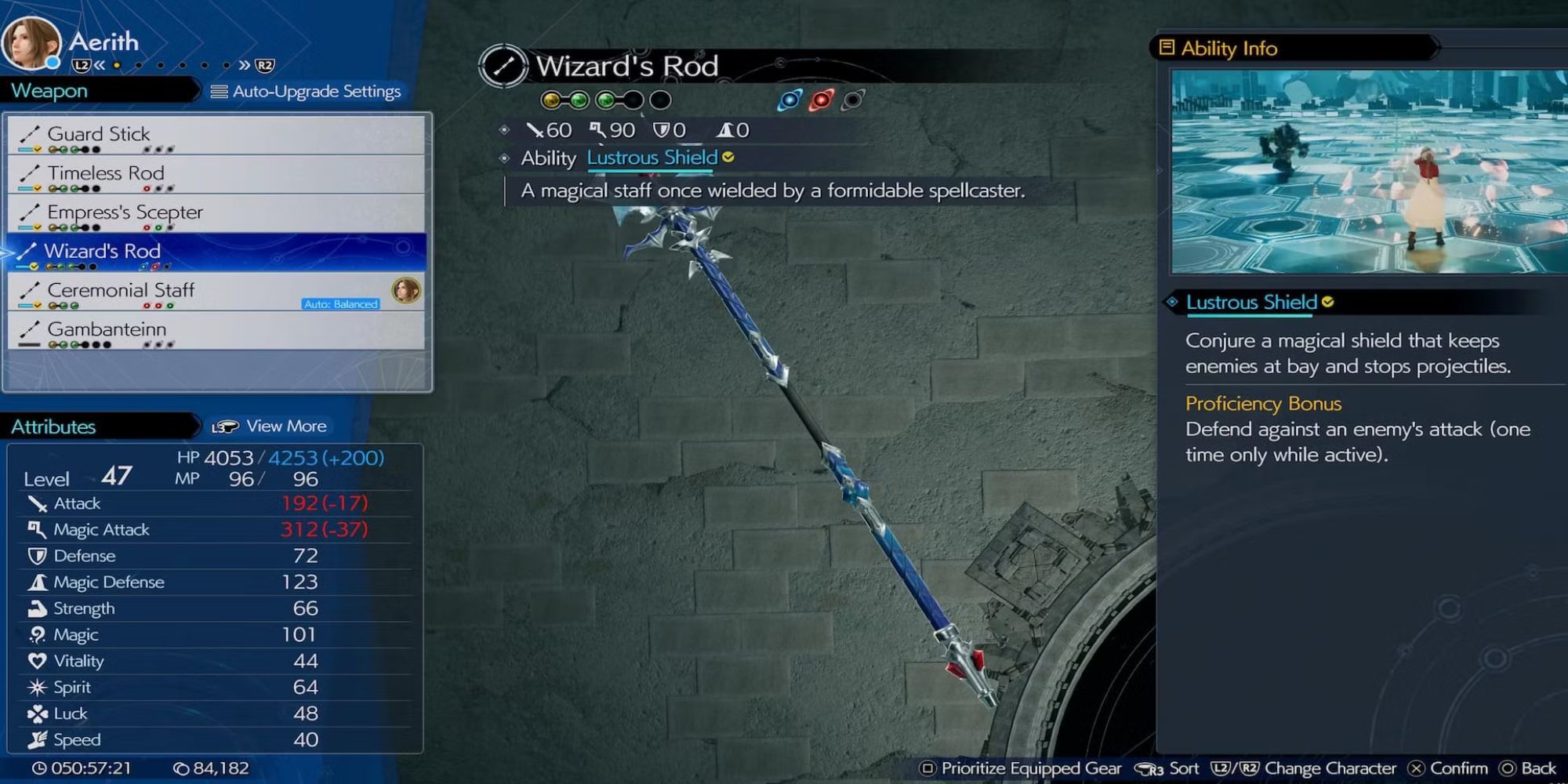 A menu showing the stats of Aerith's Wizard's Rod in Final Fantasy 7 Rebirth.