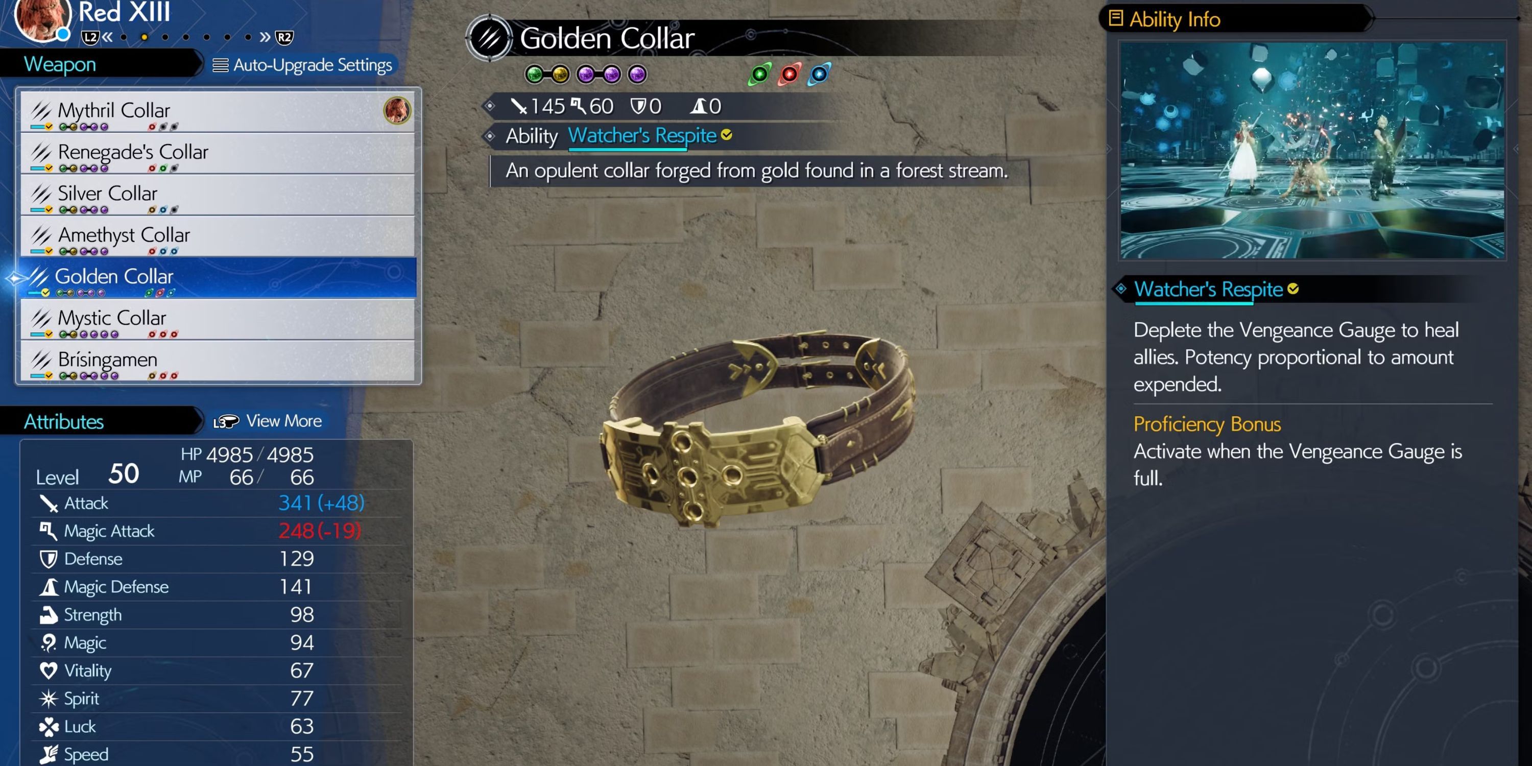 A menu showcasing Red 13's Golden Collar in Final Fantasy 7 Rebirth.