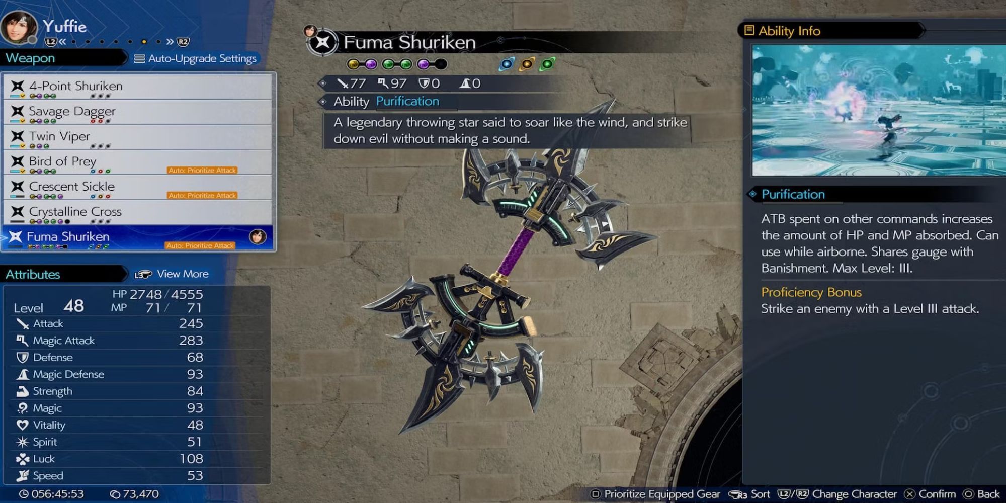 A menu showing the stats of Yuffie's Fuma Shuriken in Final Fantasy 7 Rebirth.