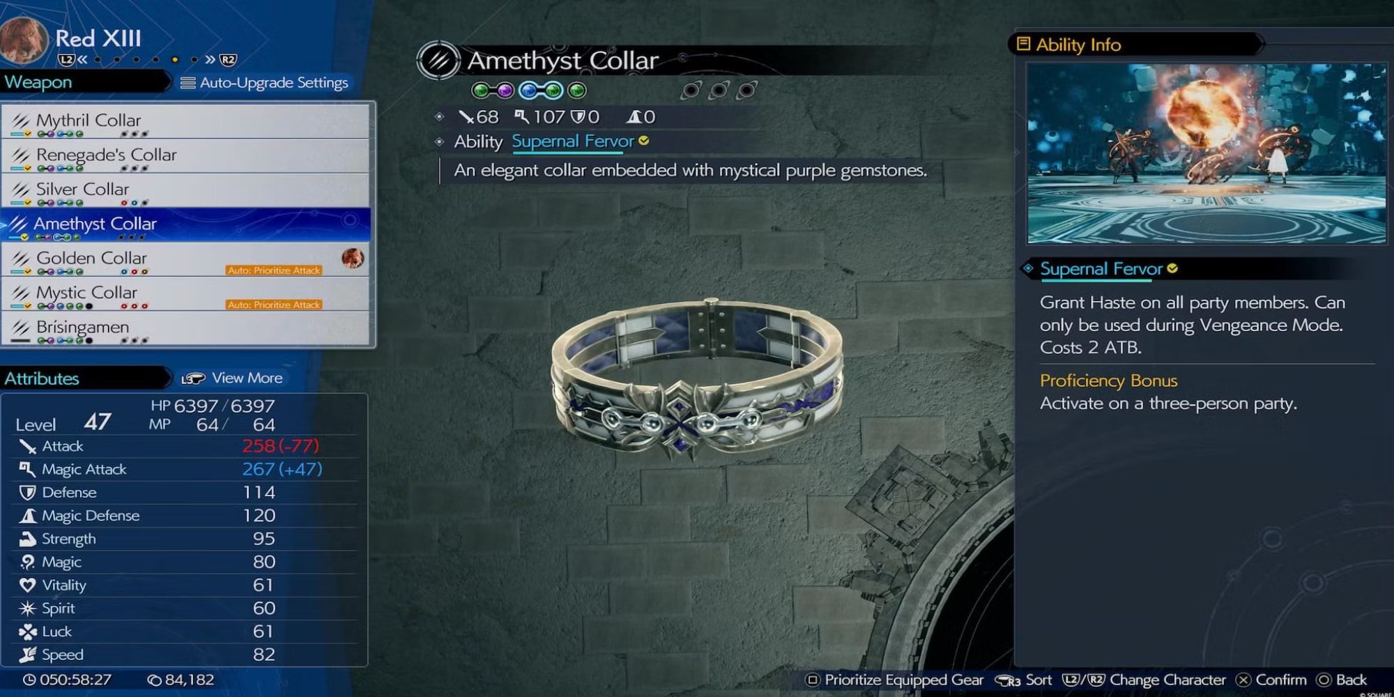 A menu showing the stats of Red XIII's Amethyst Collar in Final Fantasy 7 Rebirth.