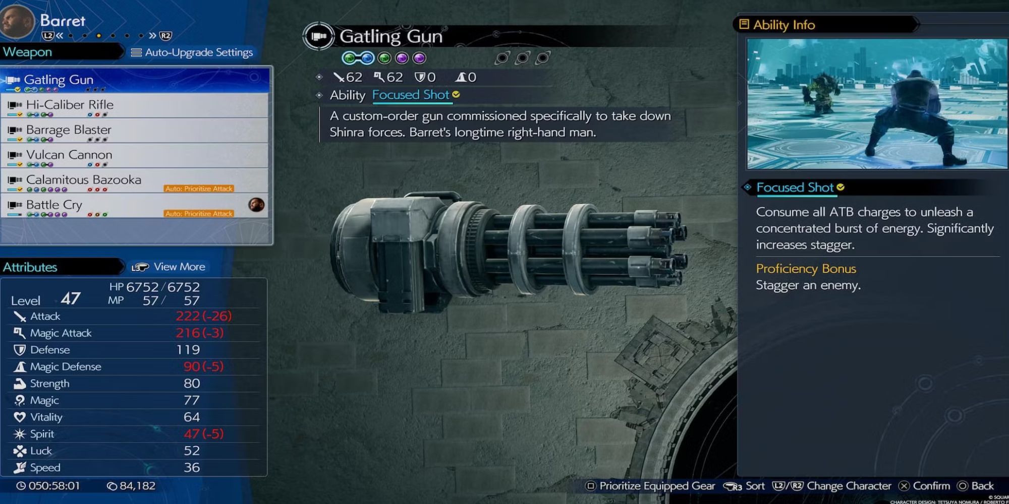 A menu showing the stats of Berret's Gatling Gun in Final Fantasy 7 Rebirth.