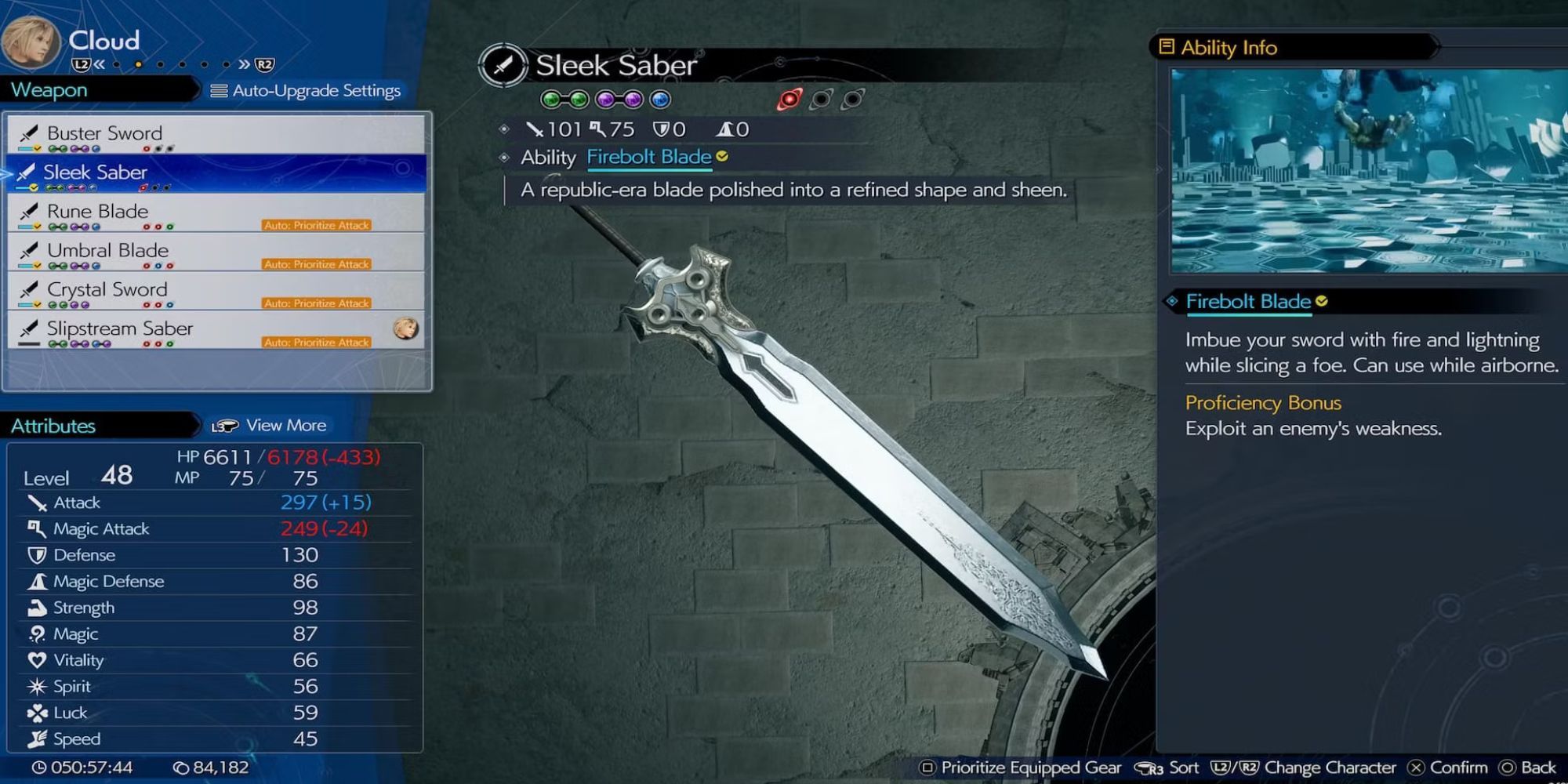 A menu showing the stats of Cloud's Sleek Saber in Final Fantasy 7 Rebirth.