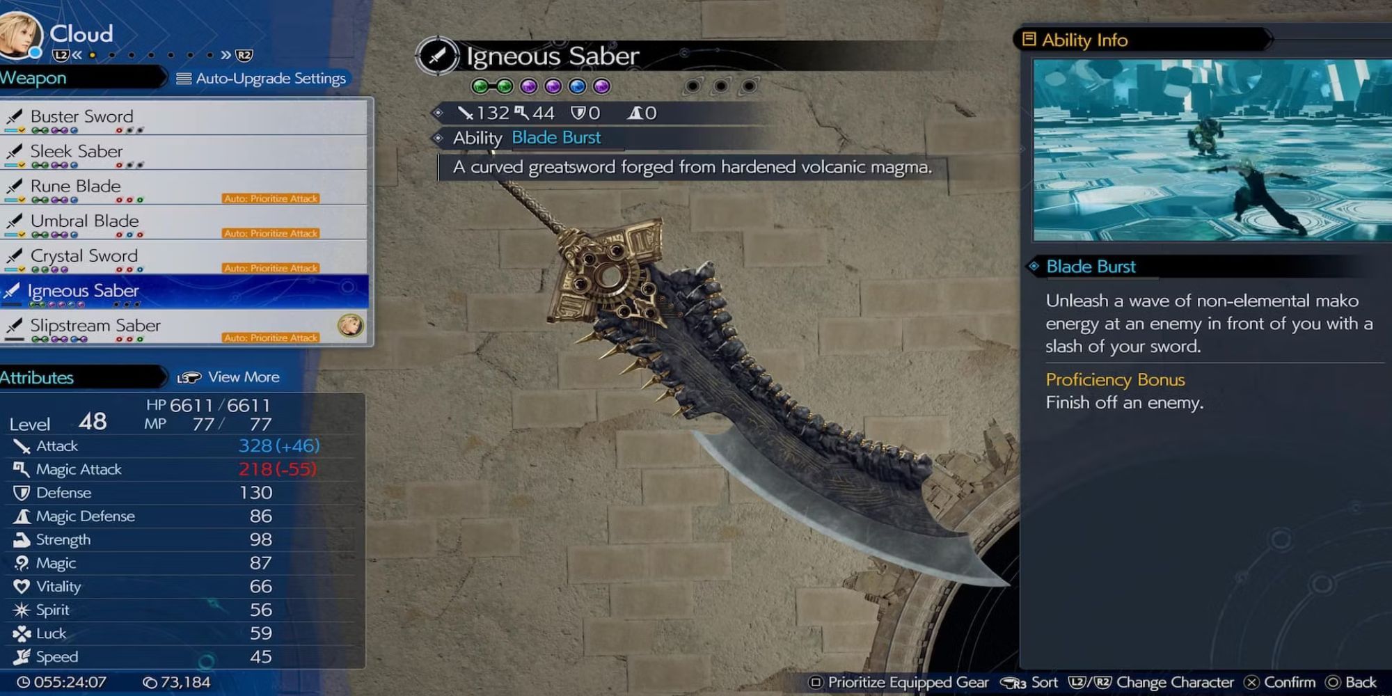 A menu showing the stats of Cloud's Igneous Saber in Final Fantasy 7 Rebirth.