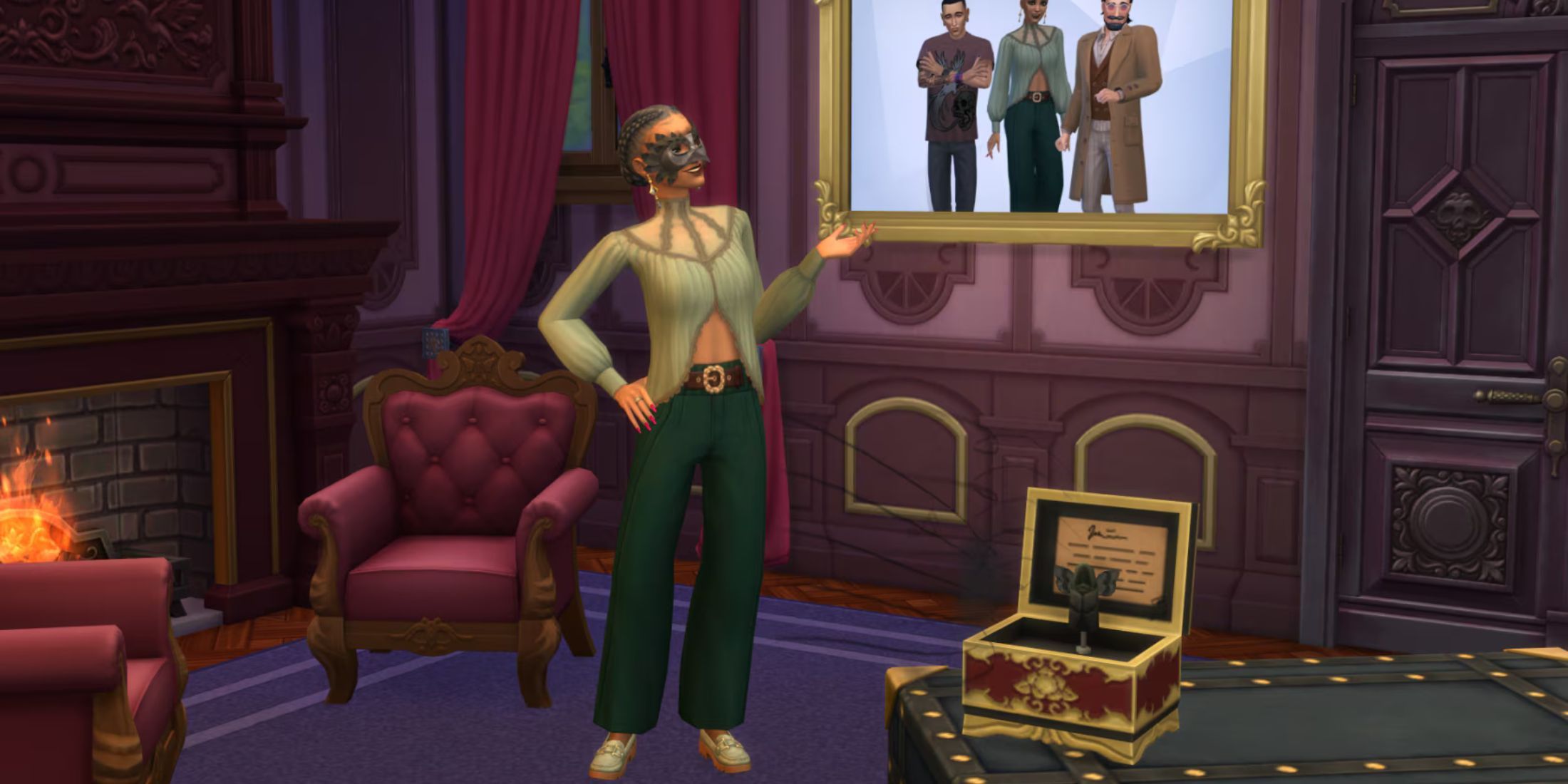 A Sim wearing a mask in The Sims 4: Life and Death