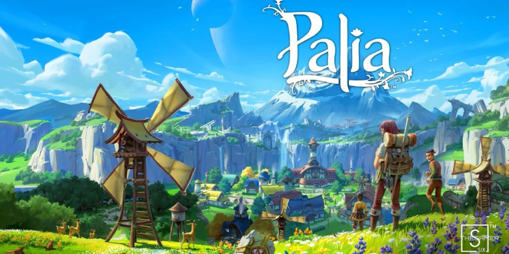 Palia title screen with windmill, village, mountains in the background, and people in the foreground