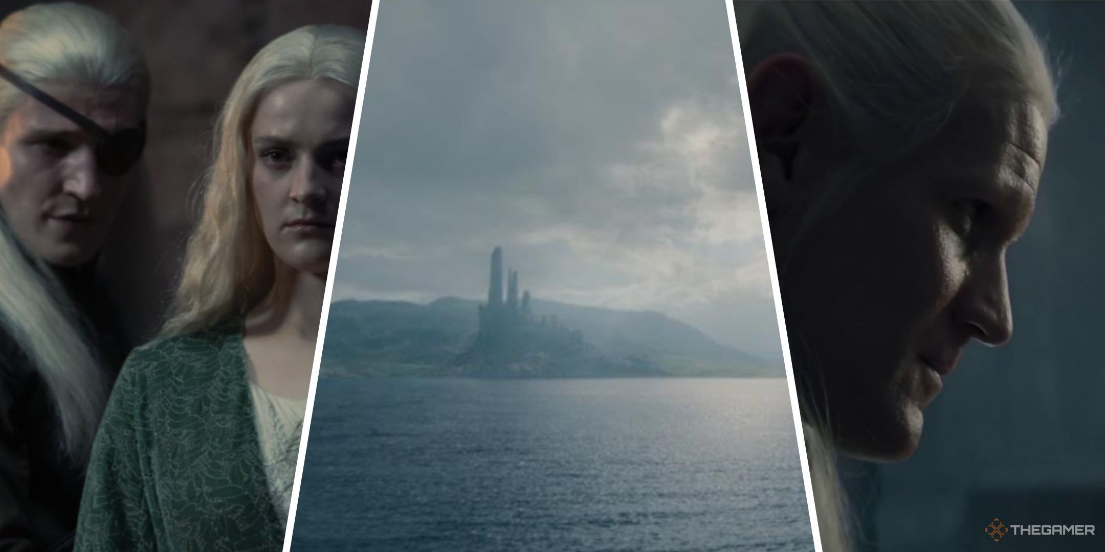 Three-image collage of Aemond Targaryen with his sister Helaena, the Gods Eye with Harrenhal in view, and a close-up of Daemon Targaryen.