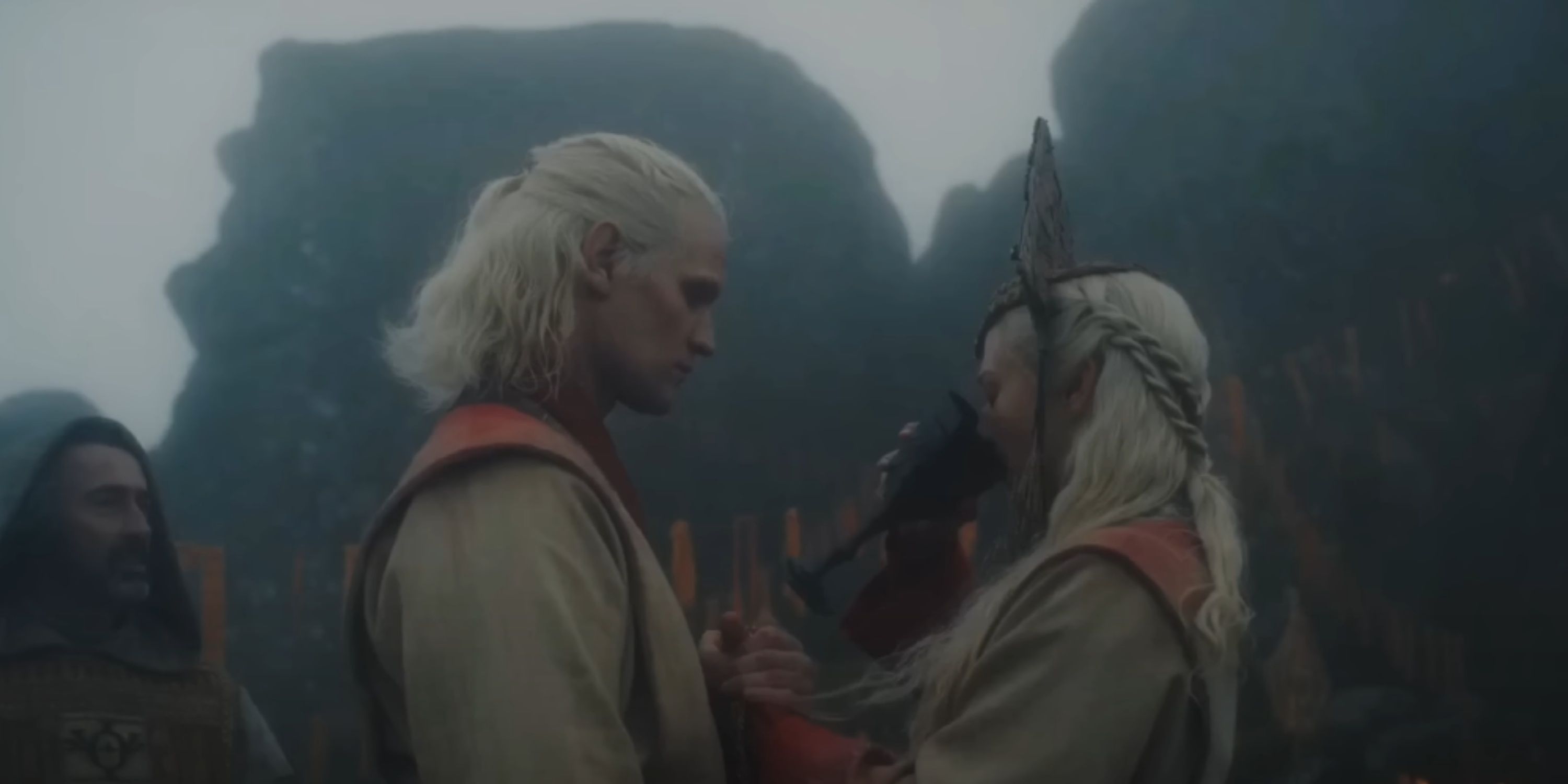 Daemon and Rhaenyra get married in an Old Valyrian ceremony.