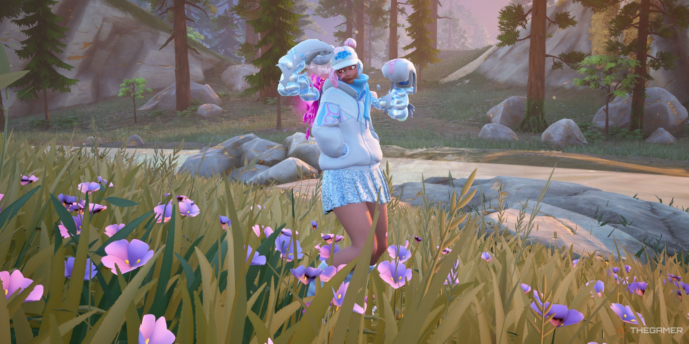 Fortnite character dancing in a field of flowers.