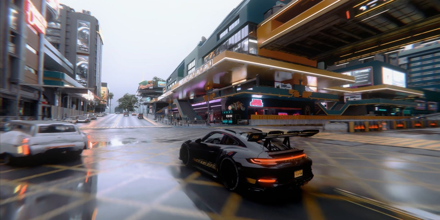 Cyberpunk 2077 car driving down a road in a city