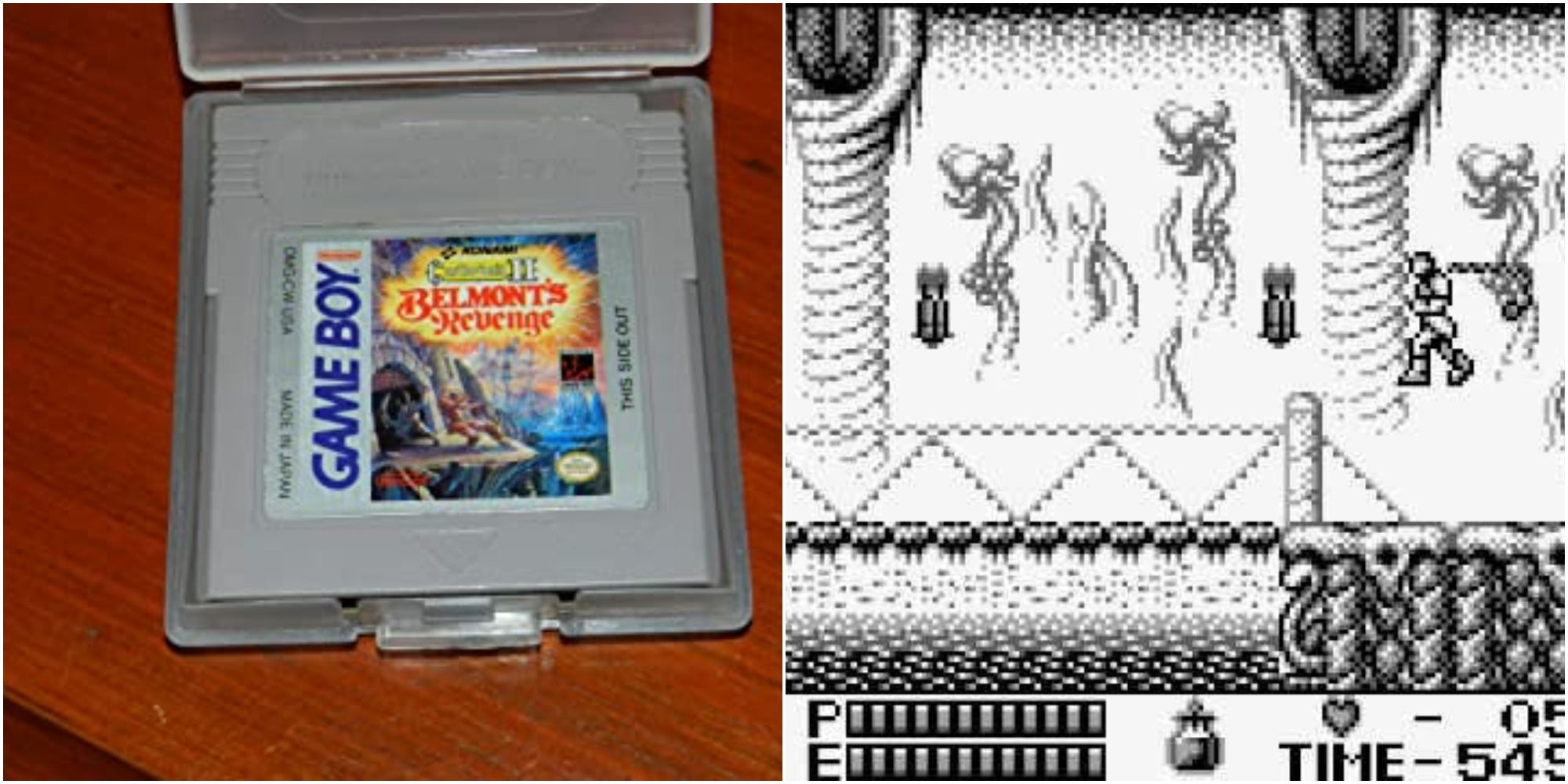 Game Boy Castlevania Belmonts Revenge split image of cart and Belmont crossing cavern bridge