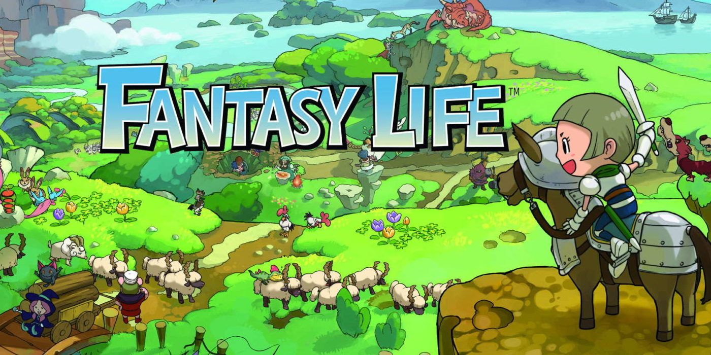 Fantasy Life official art showing a knight on a horse overlooking fields with animals and plants.