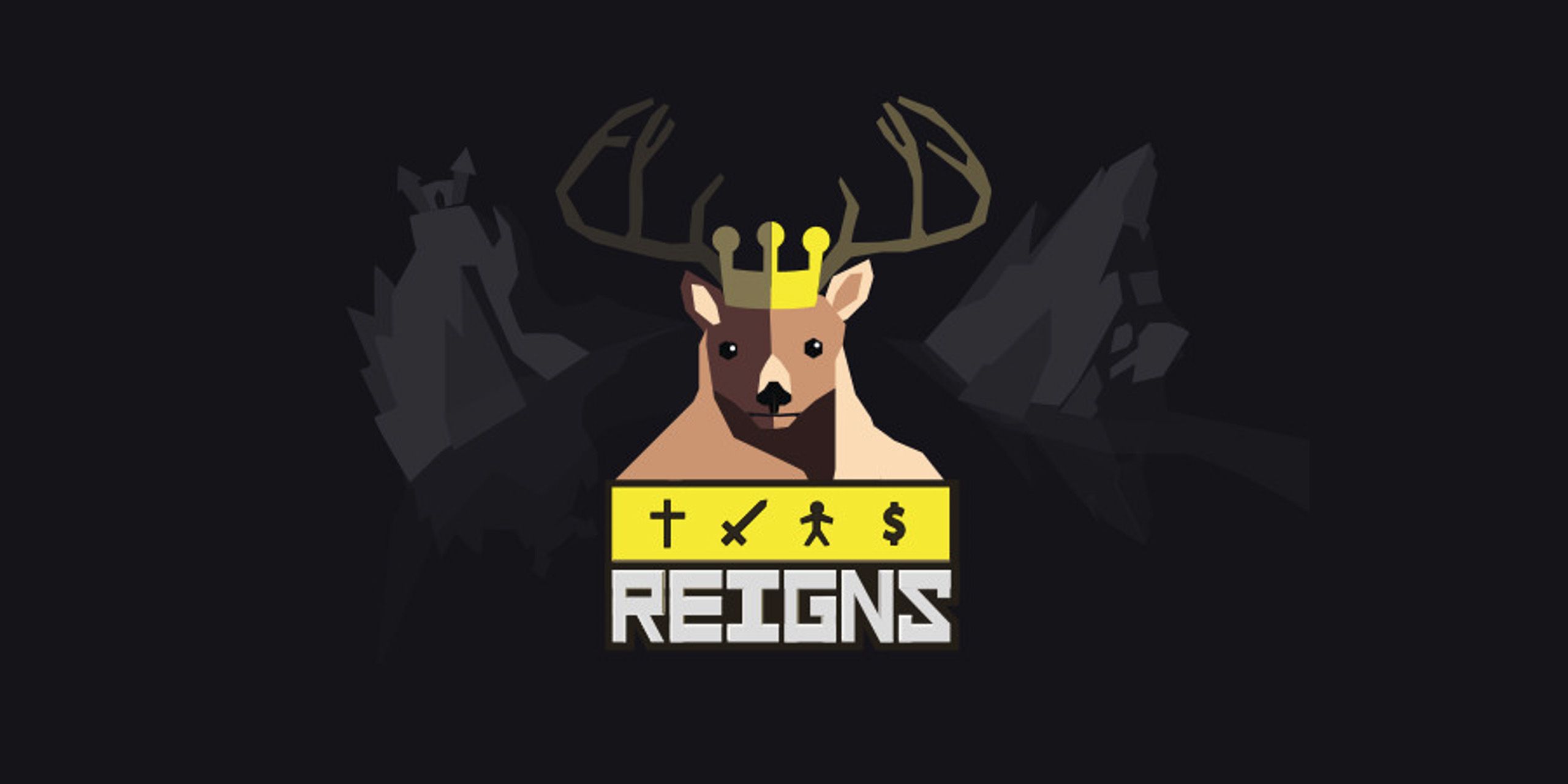 Cover art for Reigns, showing a deer wearing a crown above the game's logo.