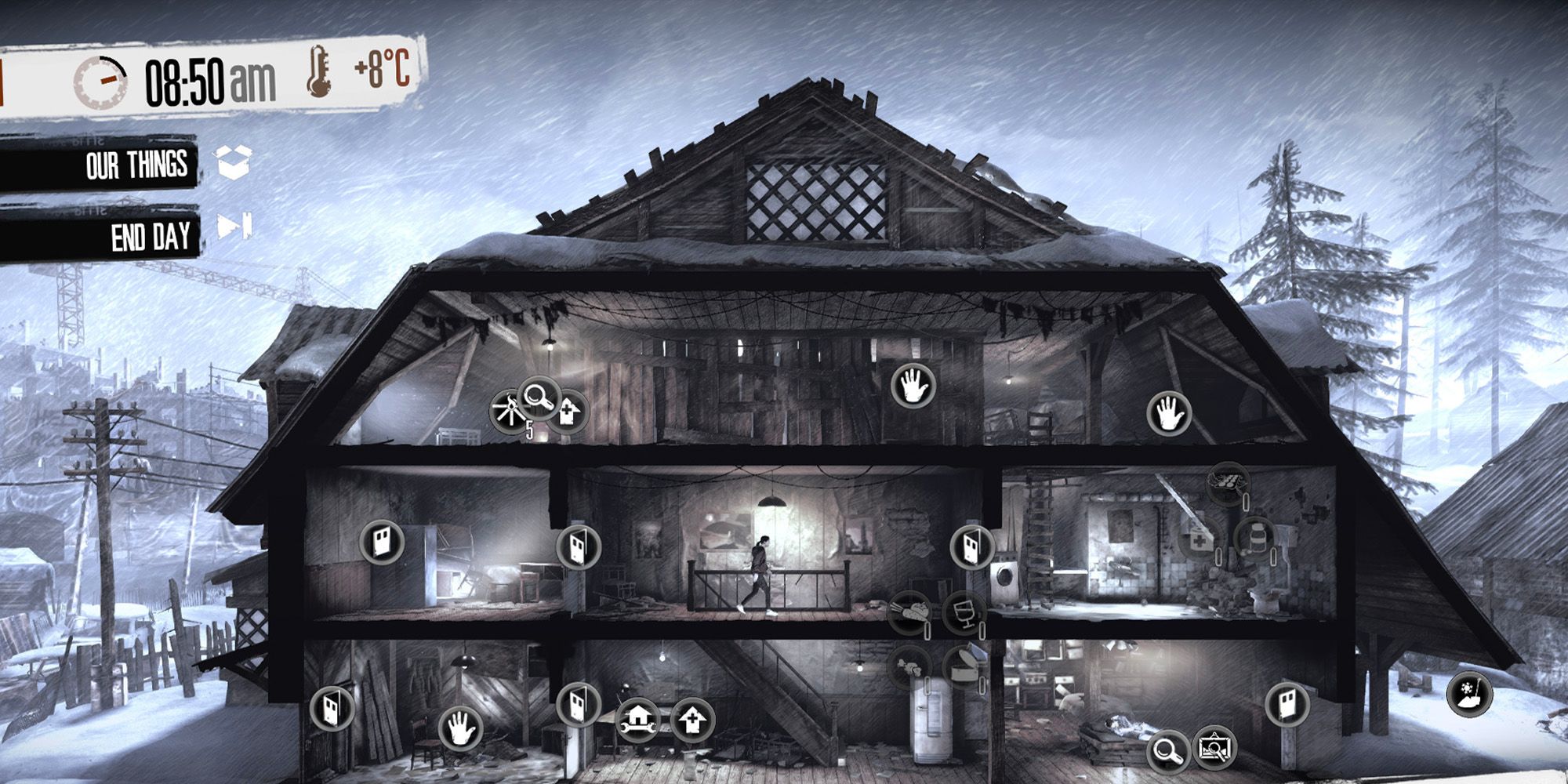 A screenshot of This World of Mine, showing a three-story house in the middle of a snowy environment.