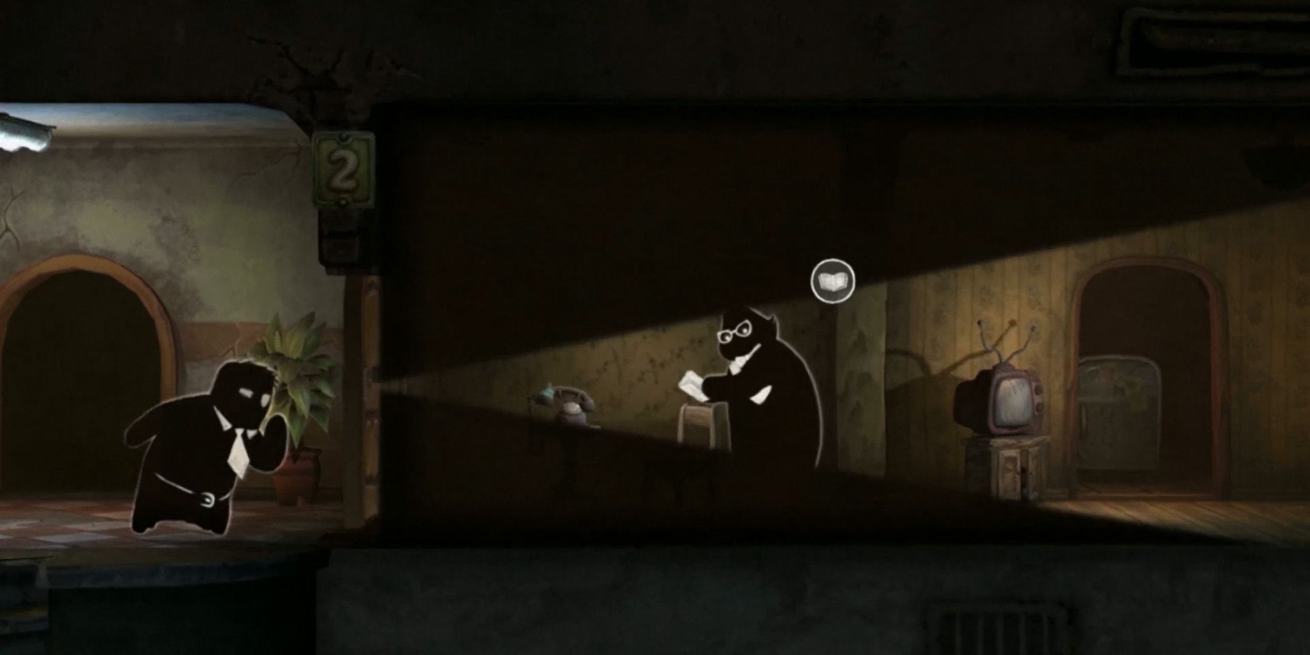 A screenshot of Beholder, in which the landlord peeks through a hole in the wall to spy on his tenant.