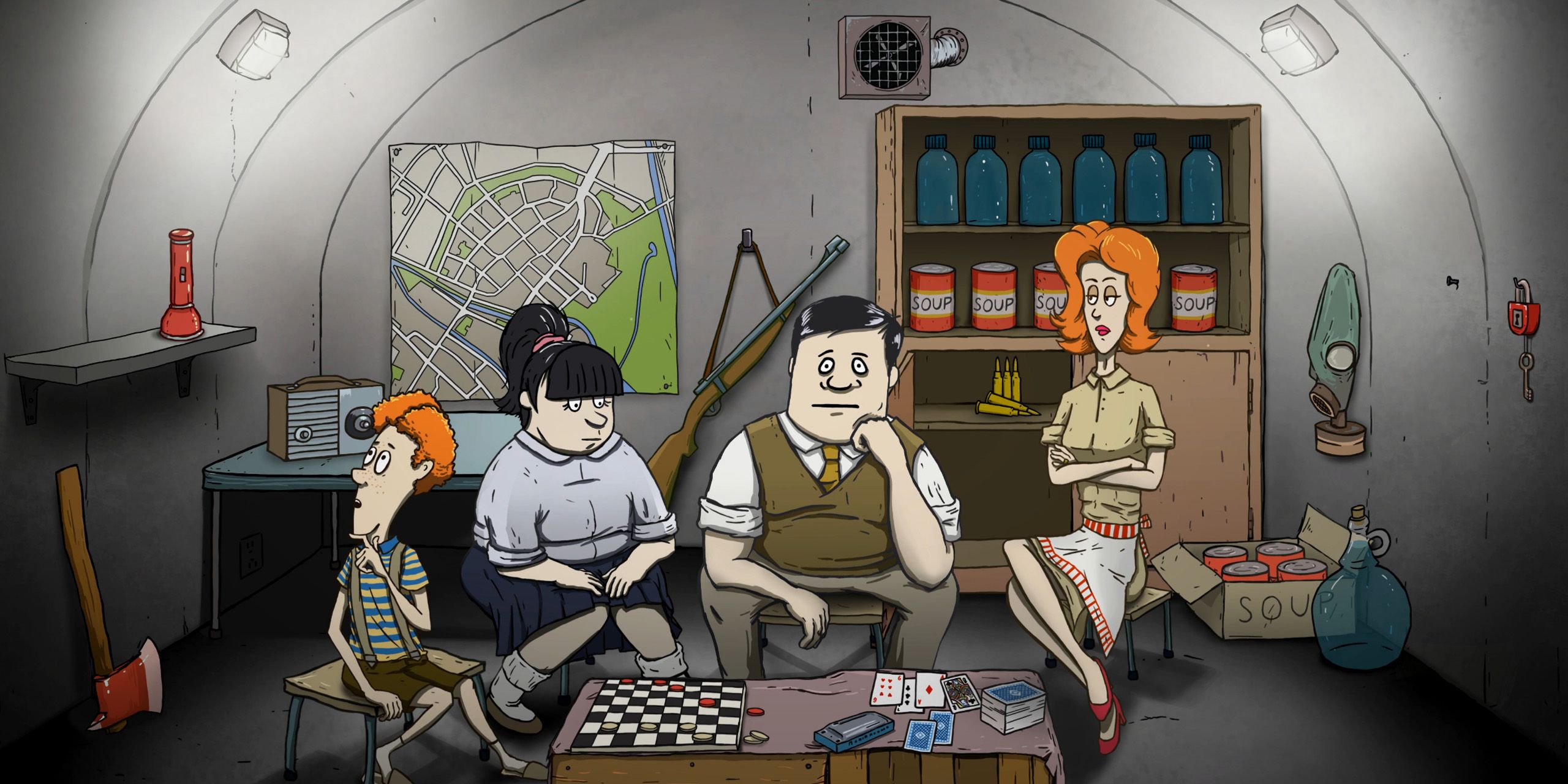 A screenshot of 60 Seconds Reatomized, in which Ted, Timmy, Mary Jane, and Dolores sit in the bomb shelter.