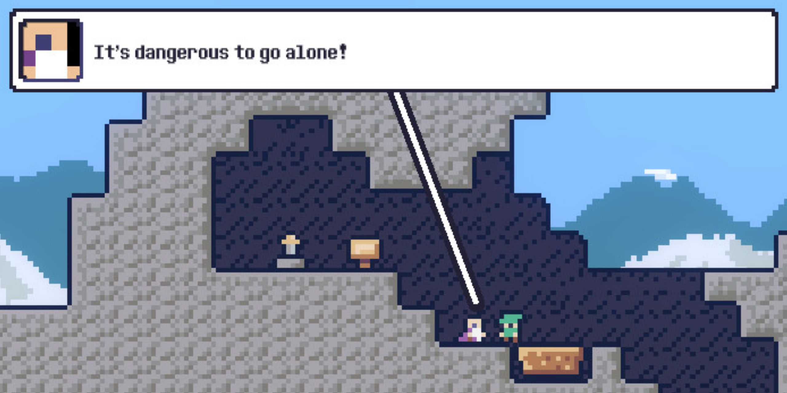 A screenshot of Reventure, in which an old man says, "It's dangerous to go alone!"