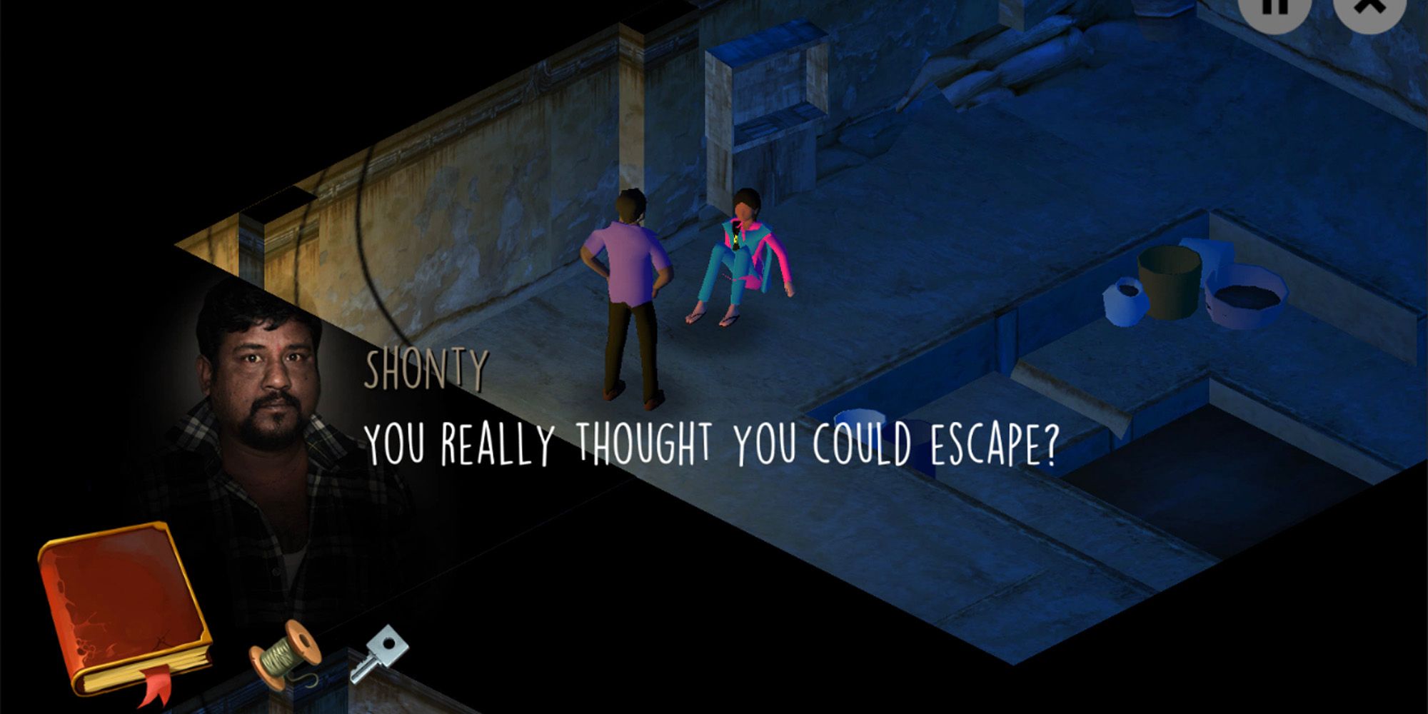 A screenshot of Missing, in which a terrified girl gets cornered by a man in a purple shirt.