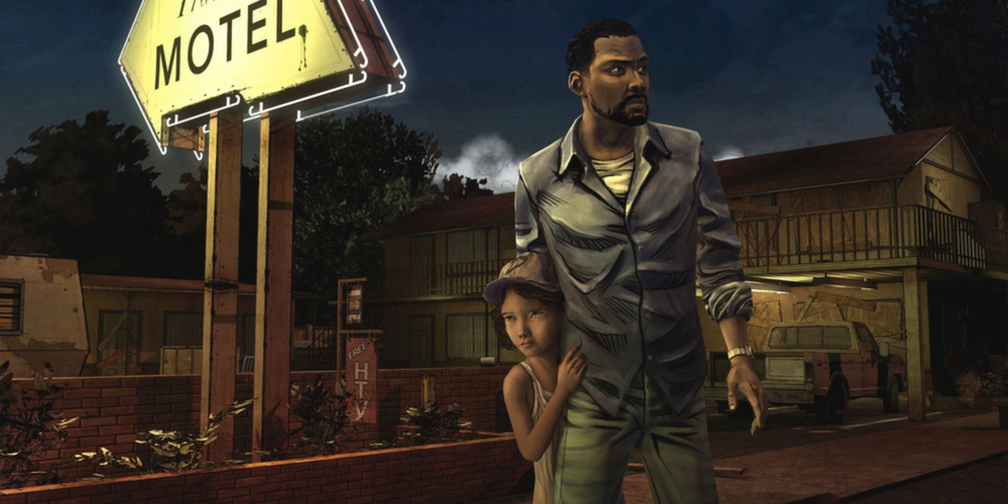 A screenshot of The Walking Dead, in which Lee and Clementine stand in front of a motel.