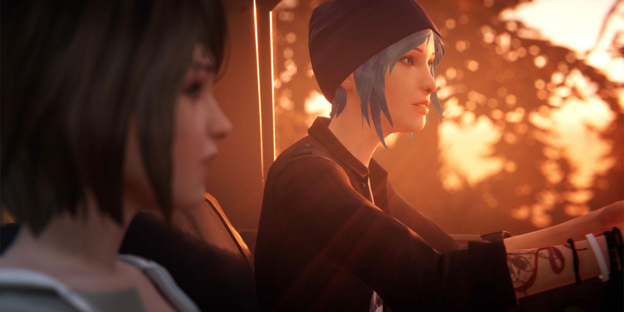 A screenshot of Life is Strange, in which Chloe and Max are in a car.