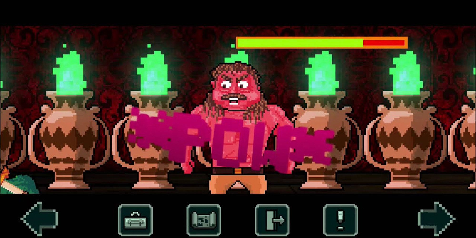 A screenshot of Demons and Dentures 2, in which a demon stands in the middle of a row of lanterns.