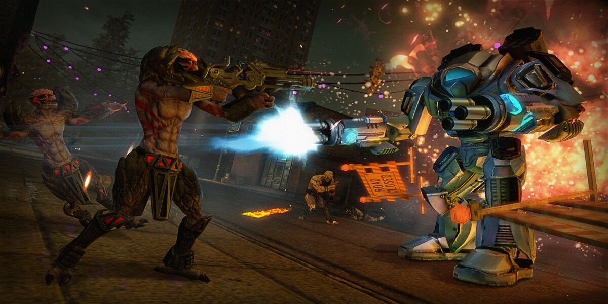 Saints Row 4, fight in armor suit against aliens.