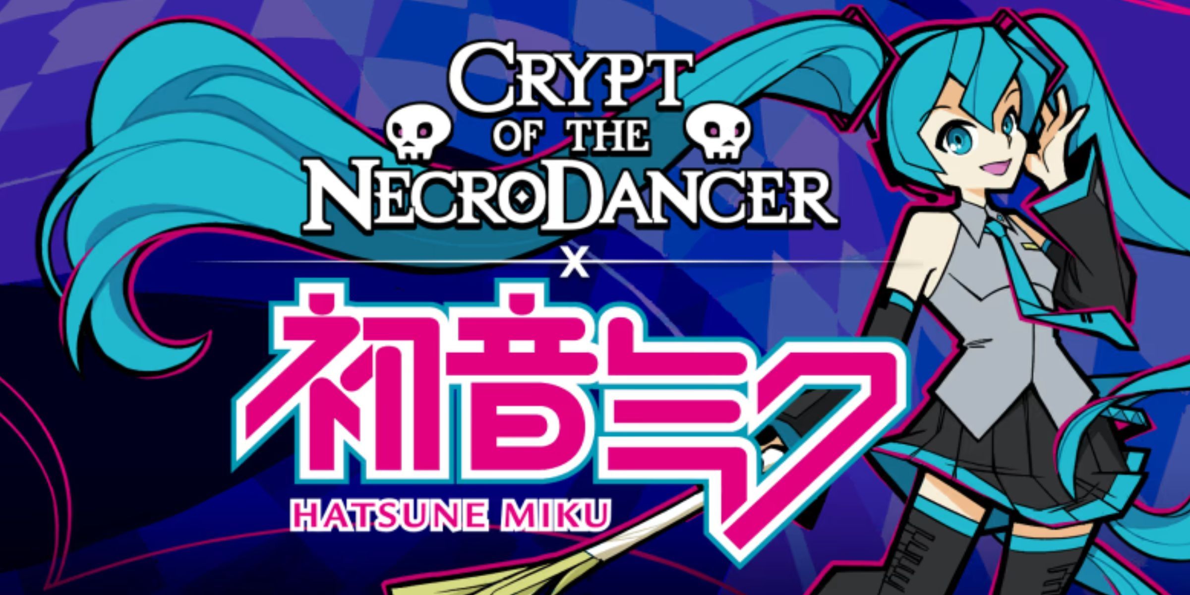 Hatsune Miku On A Dark Blue Checkerboard Background With Crypt Of The NecroDancer X Hatsune Miku In The Center.