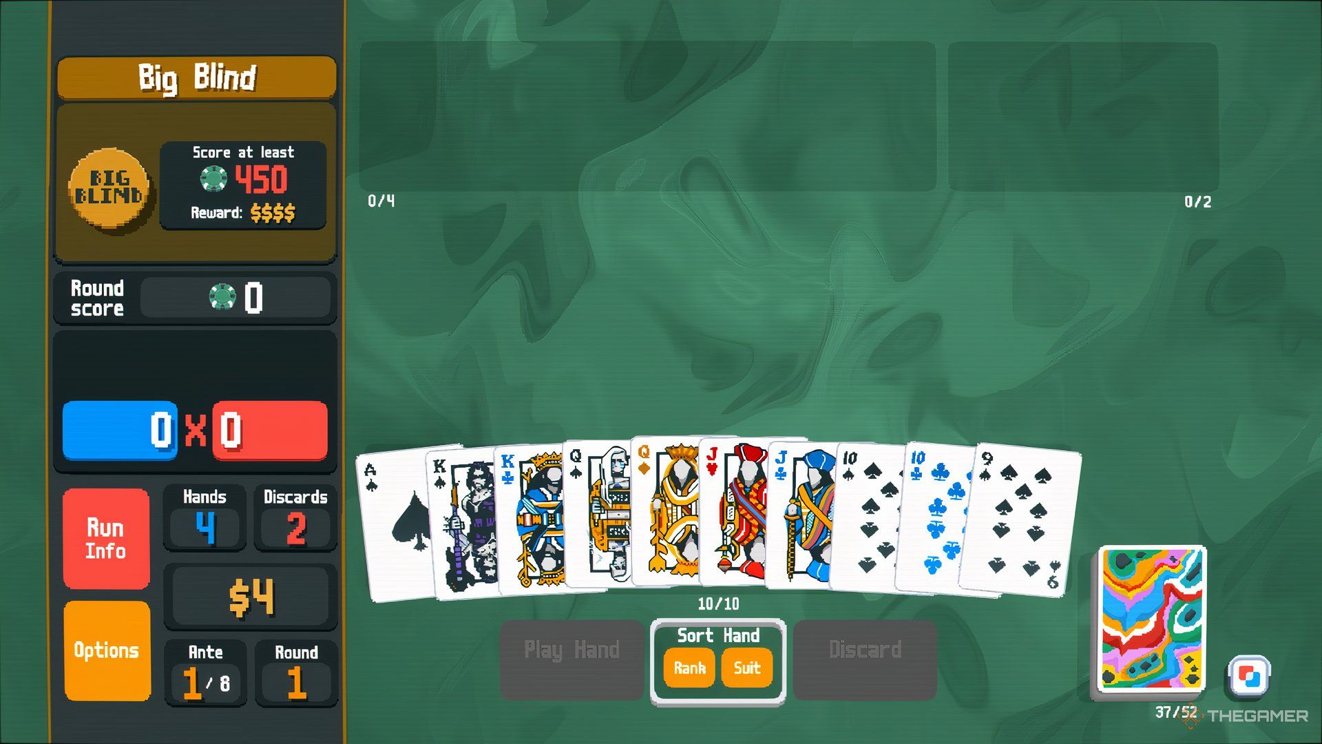 An early hand of a Green Stake run of the Painted Deck in Balatro.