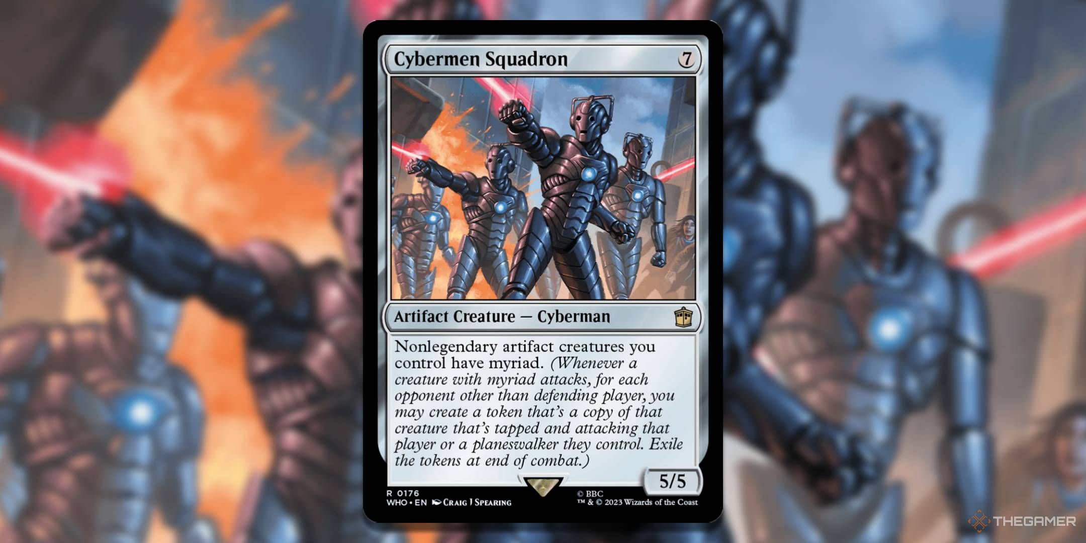 MTG Cybermen Squadron card with the art in the background.