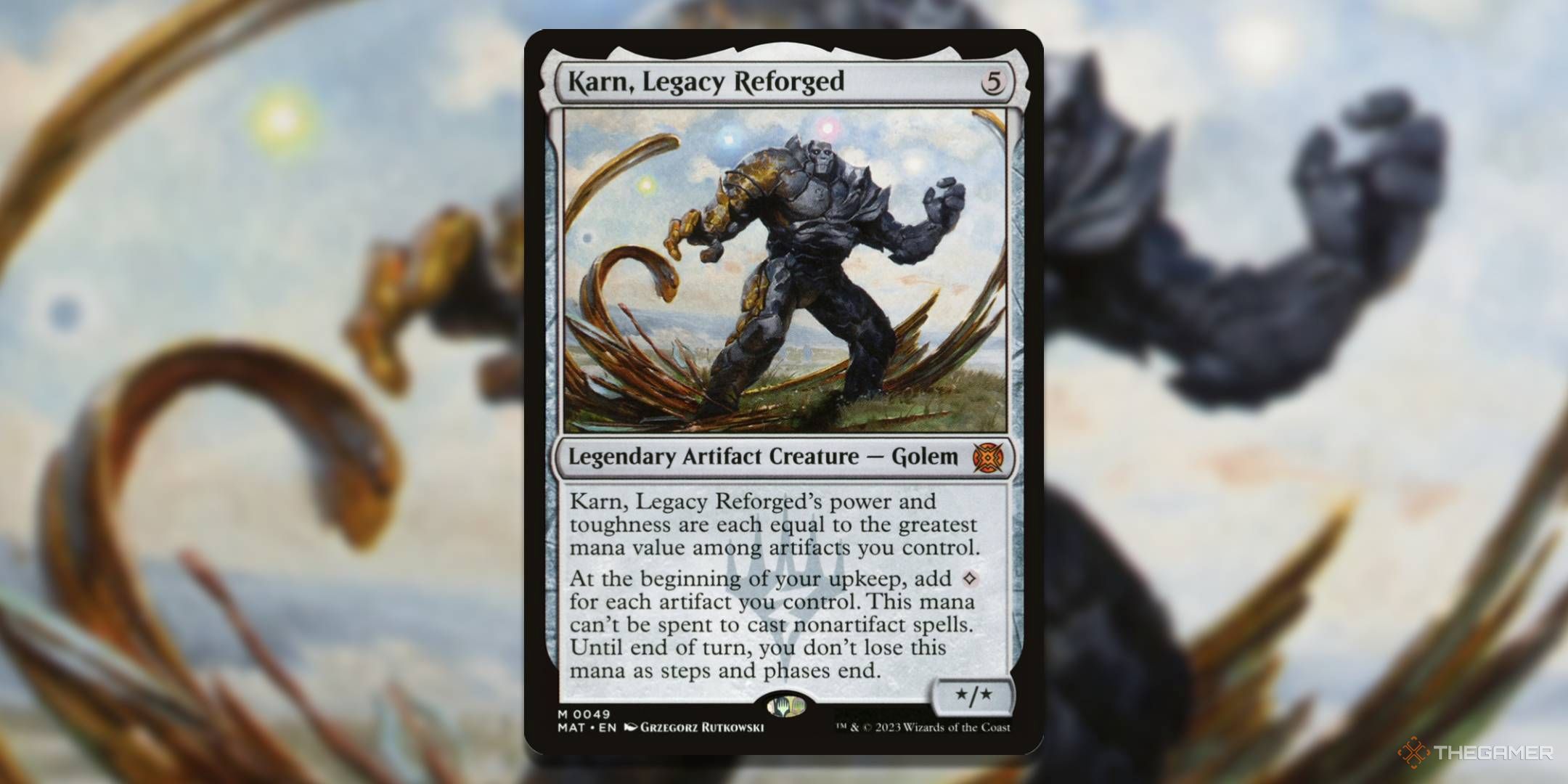 MTG Karn, Legacy Reforged card with the art in the background.