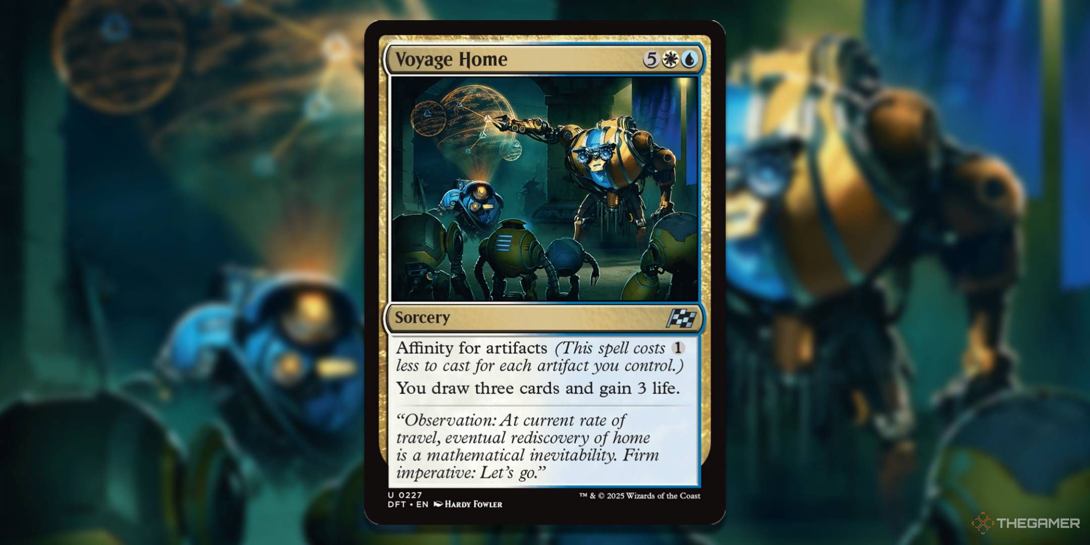 MTG Voyage Home card with the art in the background.