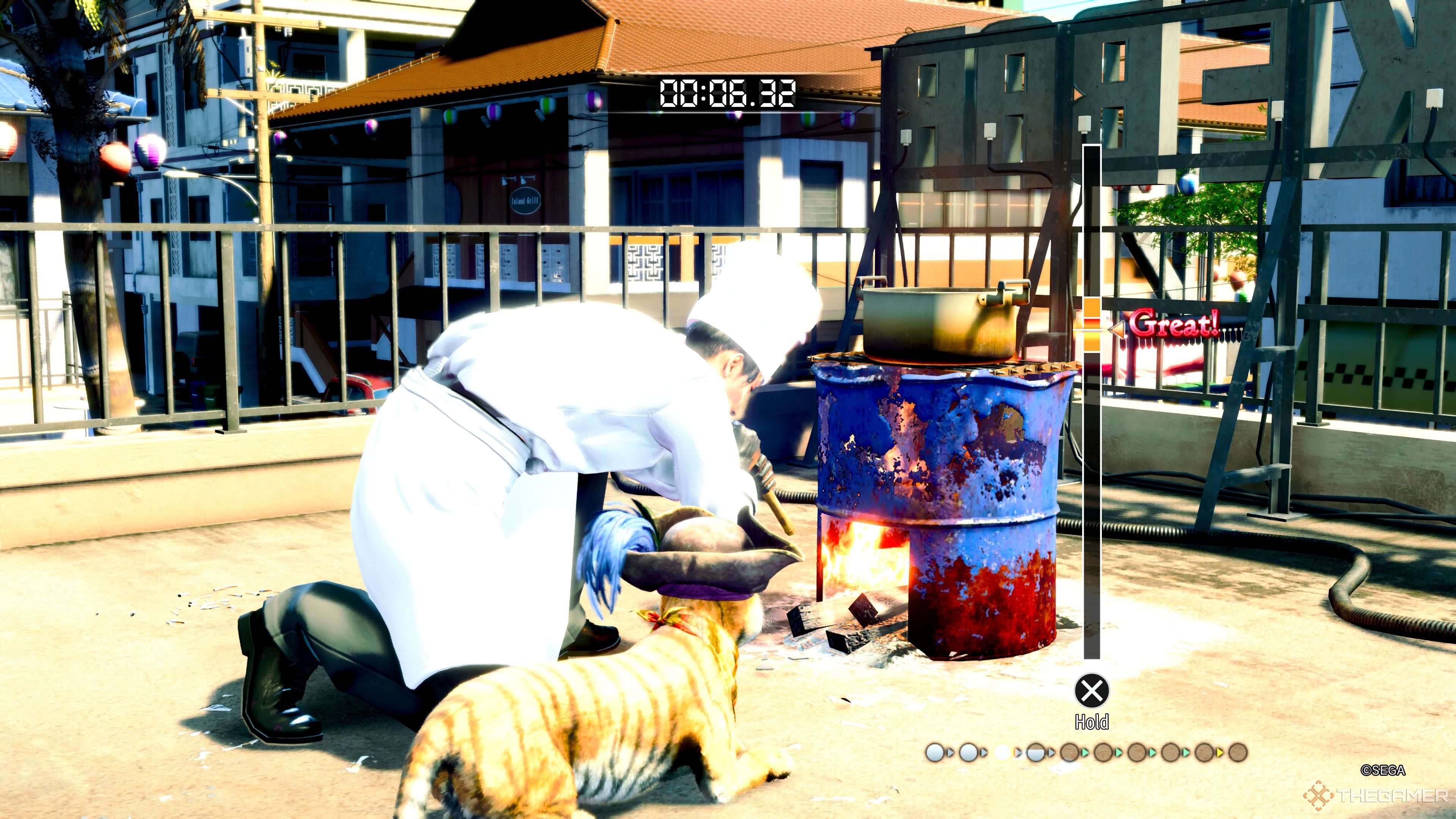 Majima starting the fire in Goro Goro Kitchen.