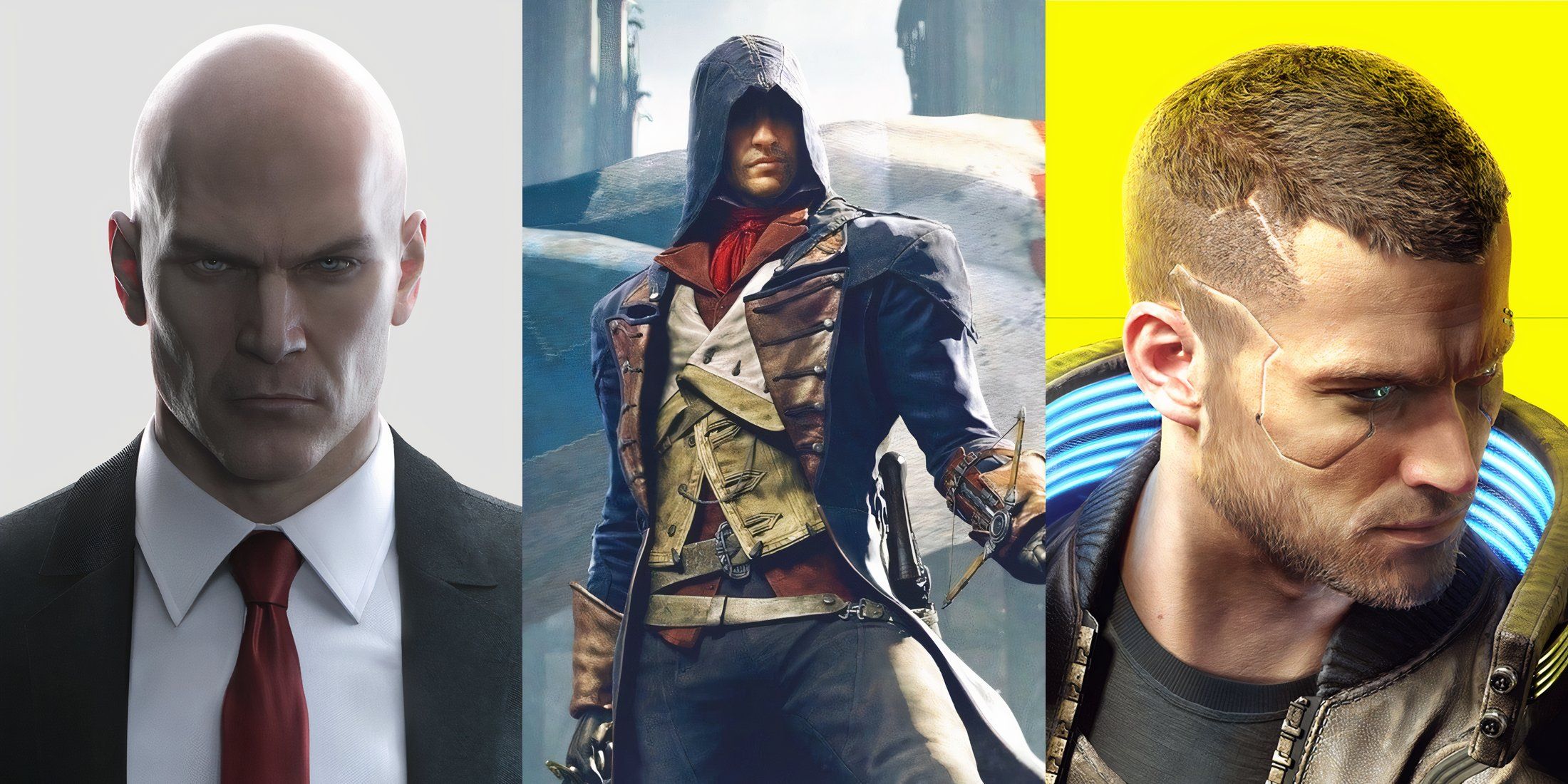 Feature image depicting Hitman, Assassin's Creed Unity, and Cyberpunk 2077