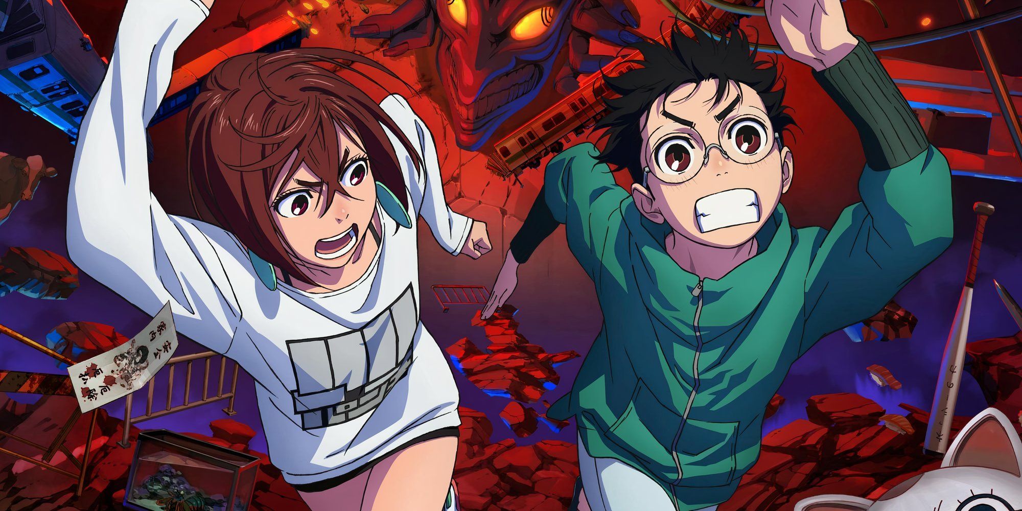 The protagonists on the cover of the anime running away from the Yokai and aliens. 