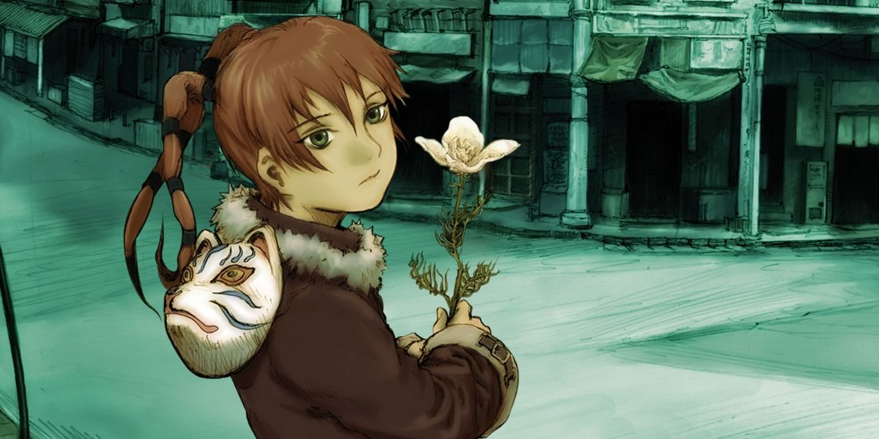 Ran, the prophet, holding a flower in her hands from Texhnolyze. 