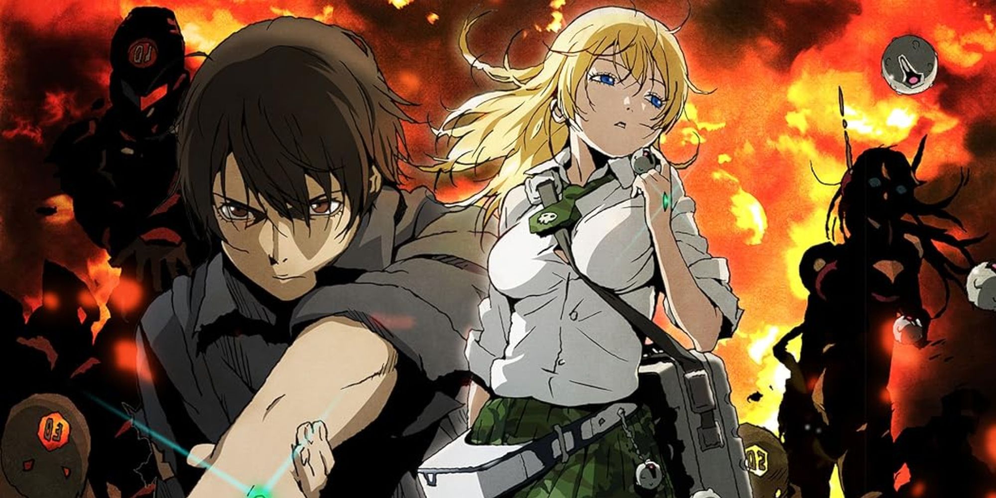 The main characters Ryouta and Himiko, from left to right, in Btooom!