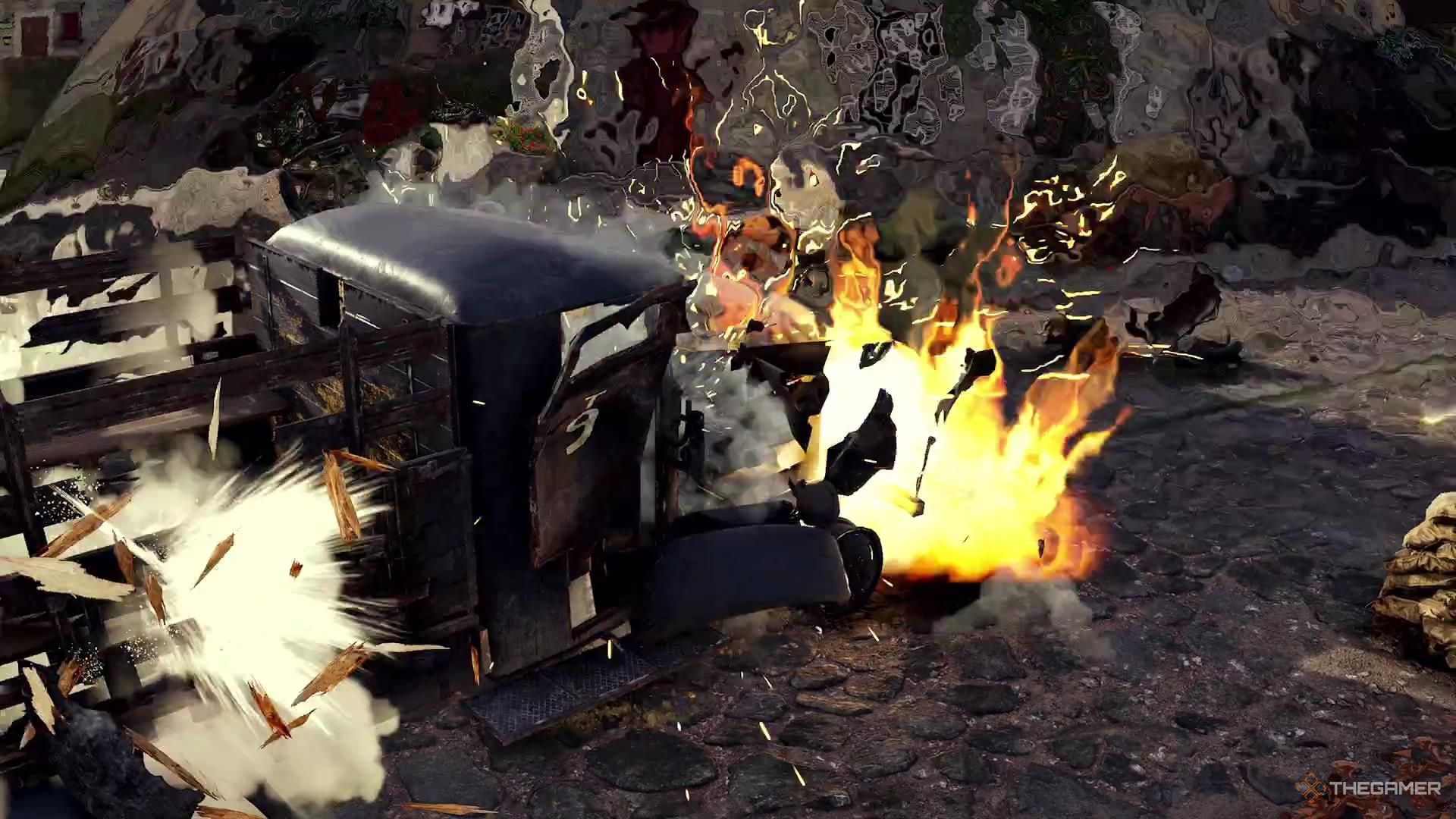 An explosion utterly decimates a vehicle full of Nazis in Sniper Elite Resistance.