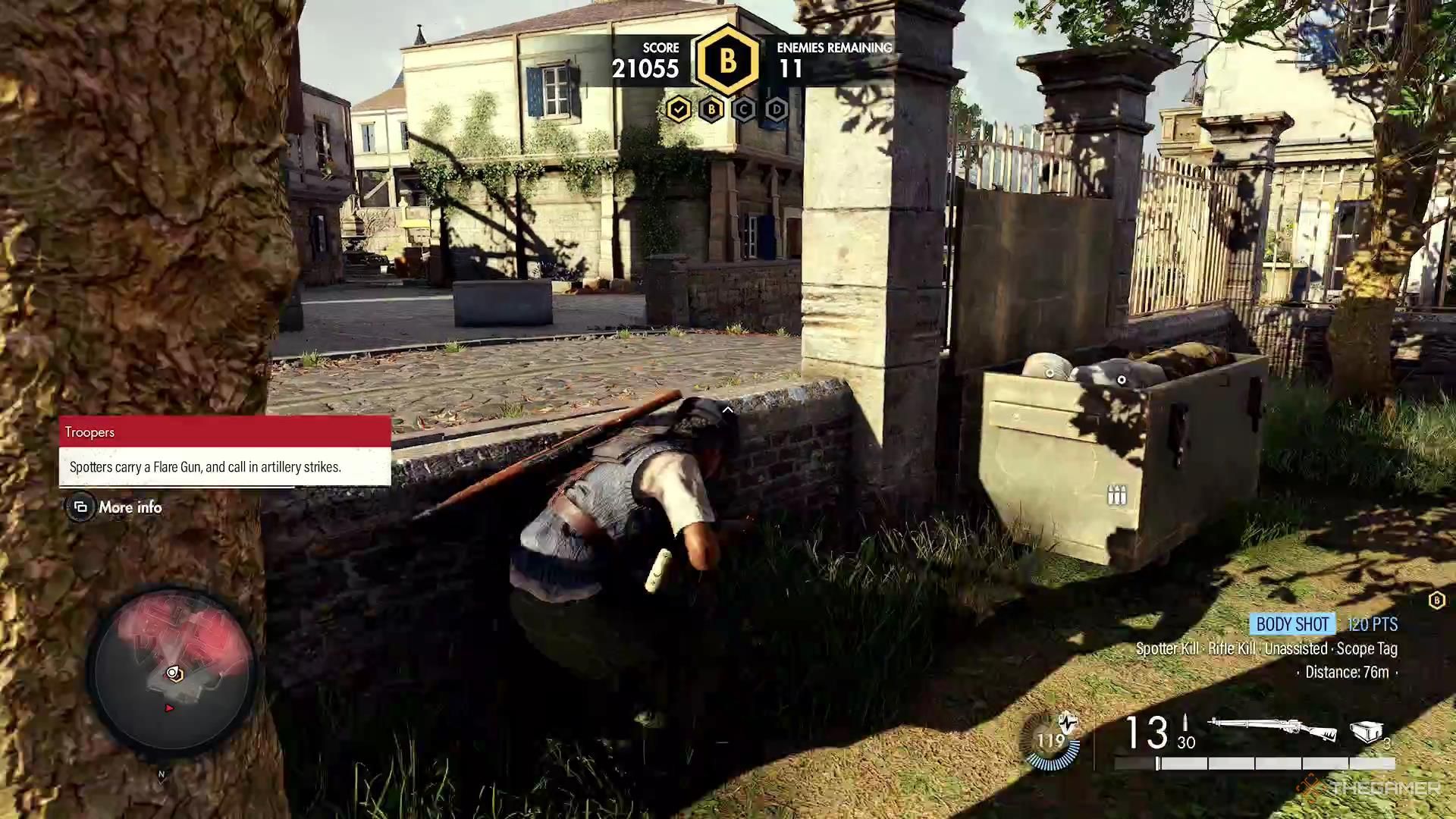 Taking cover behind a stone half-wall in Sniper Elite Resistance.