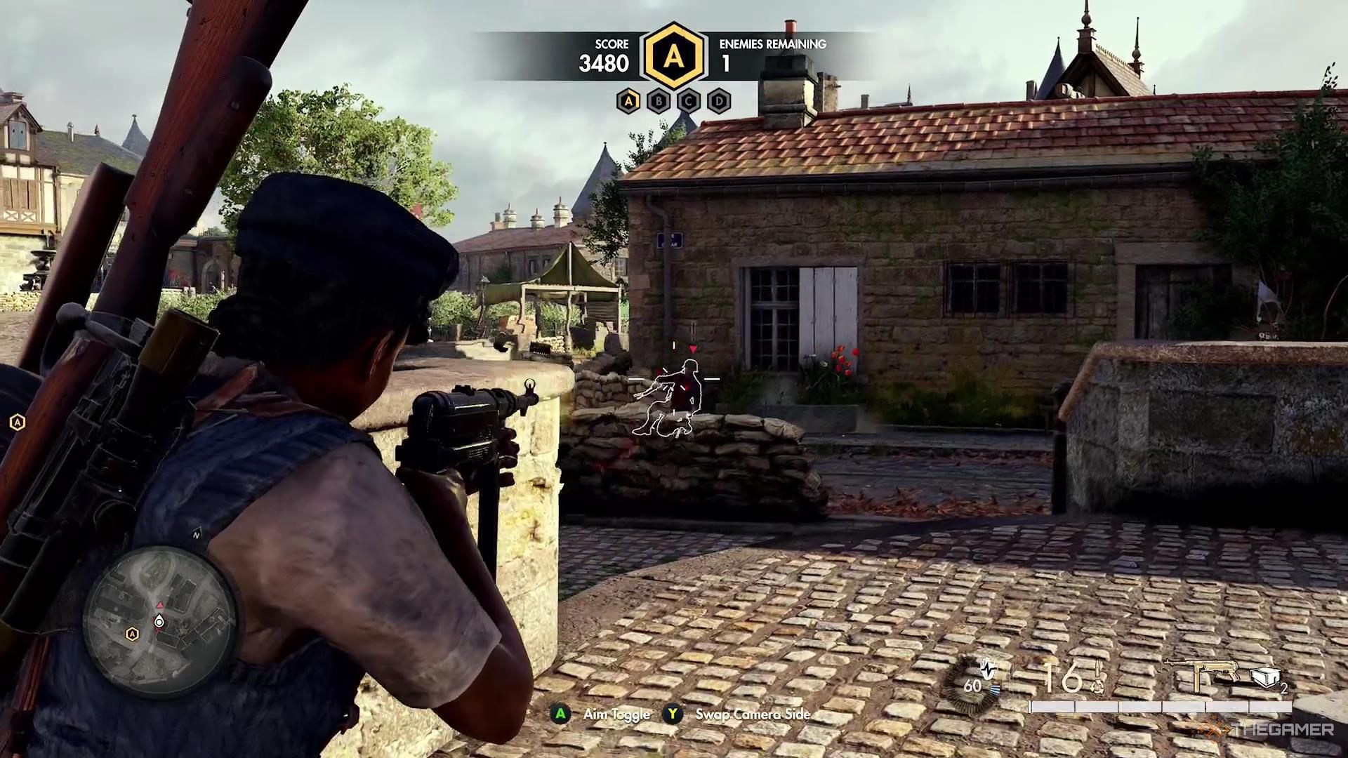 Firing an SMG at a Nazi in Sniper Elite Resistance.