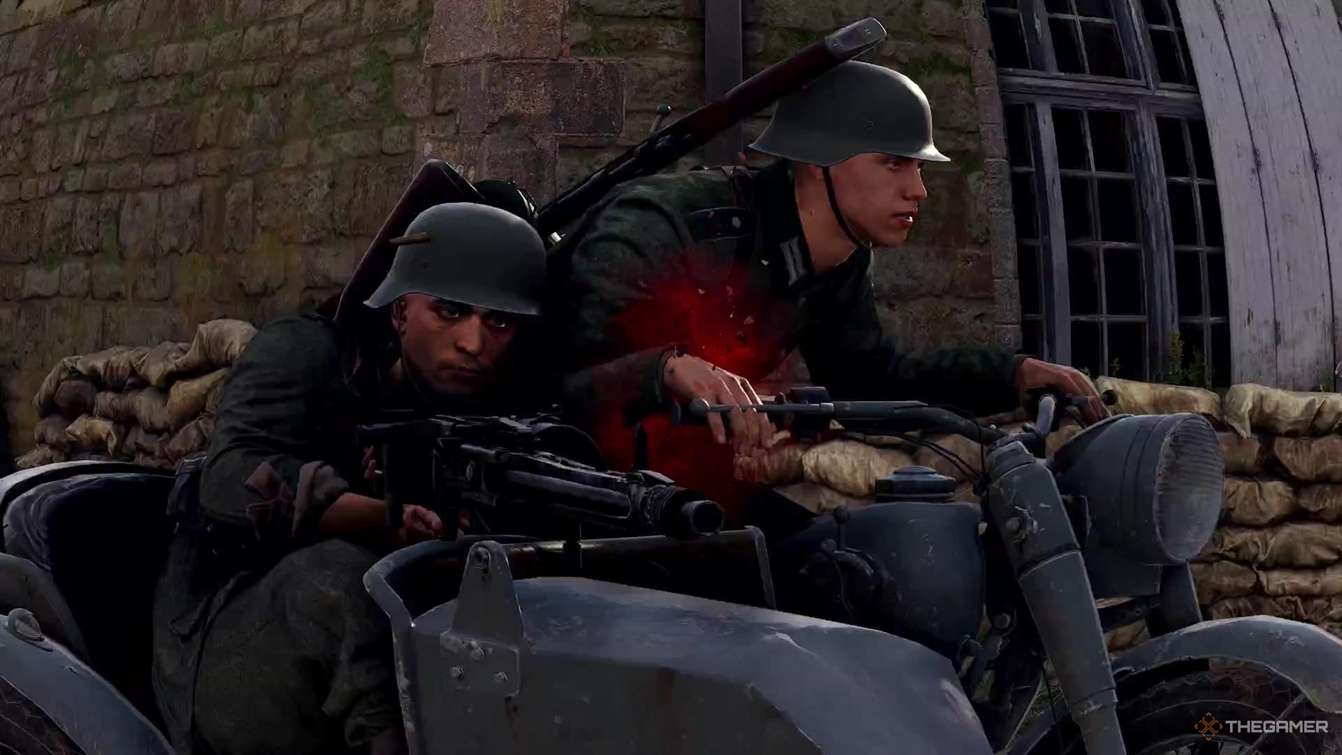 A couple of Nazis on a motorcycle share a bullet in Sniper Elite Resistance.