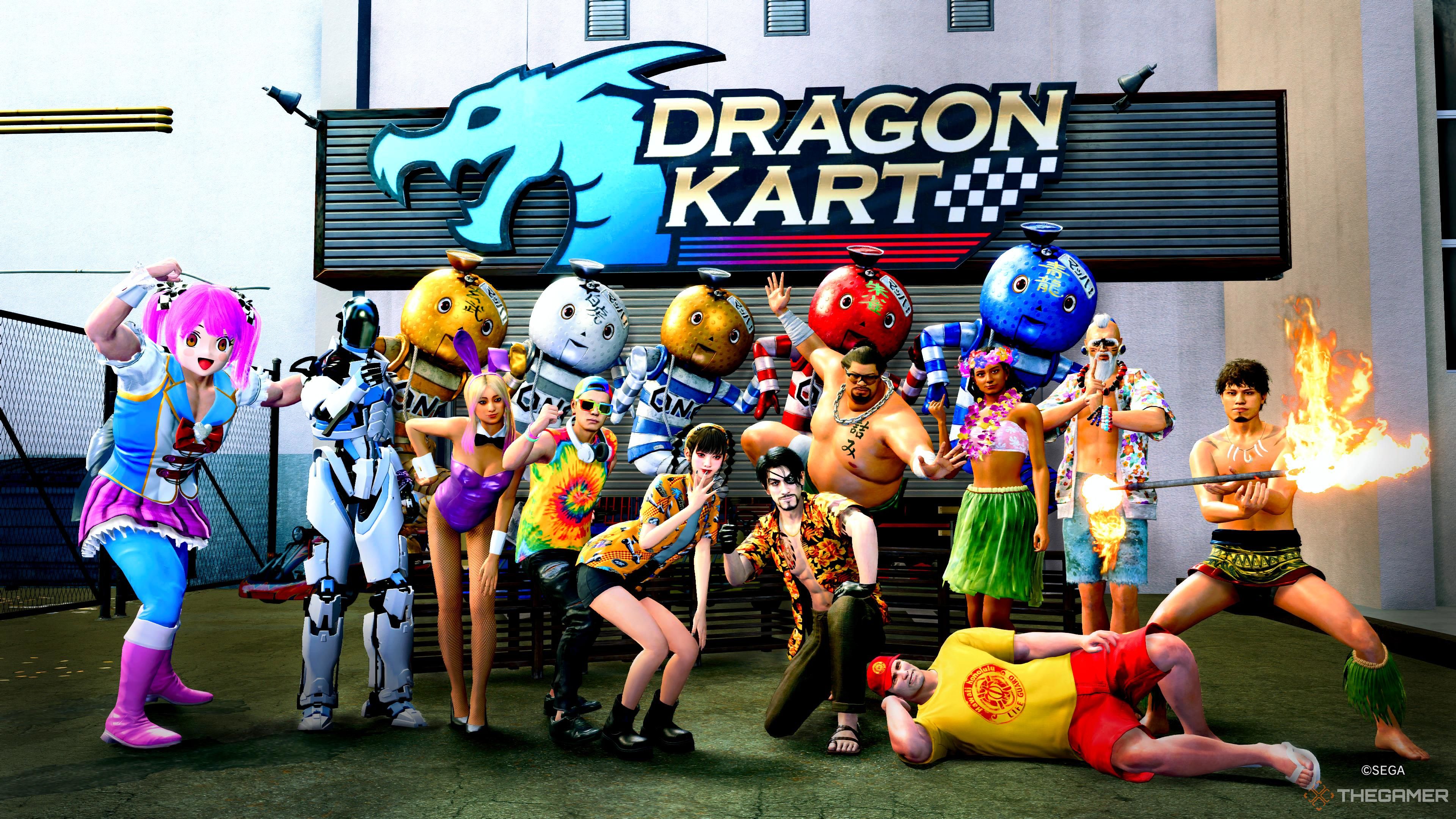 All the Dragon Kart competitors posing with each other in Like A Dragon Pirate Yakuza in Hawaii.