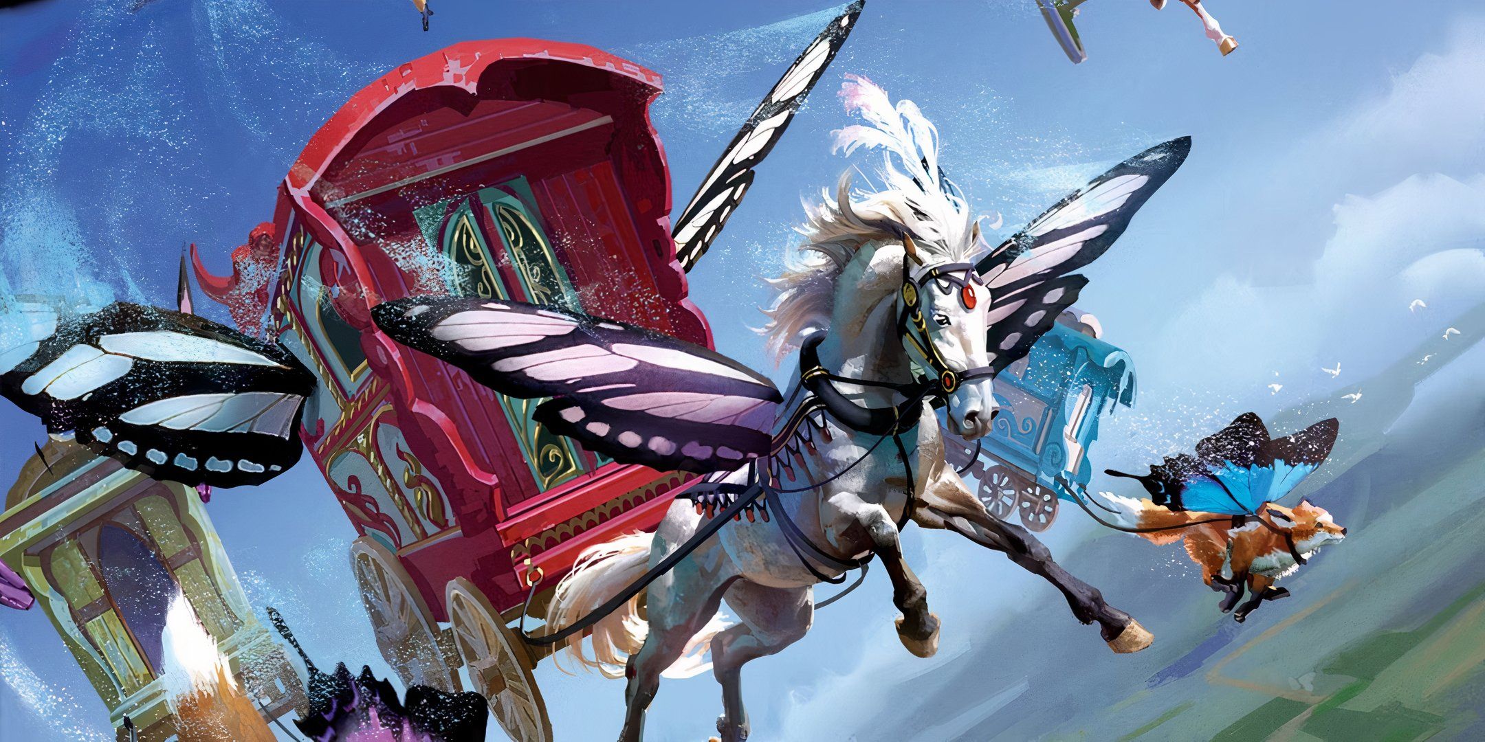 A horse drawn carriage flies through the air magically in Dungeons & Dragons. 