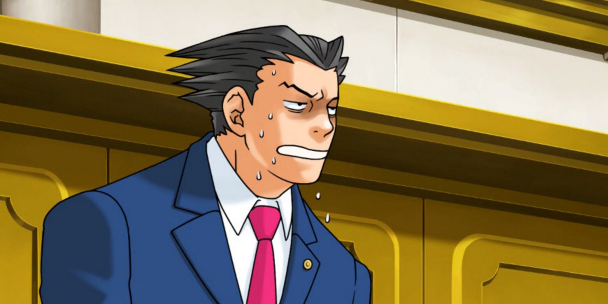 A close-up of Phoenix sweating in court in Phoenix Wright: Ace Attorney.