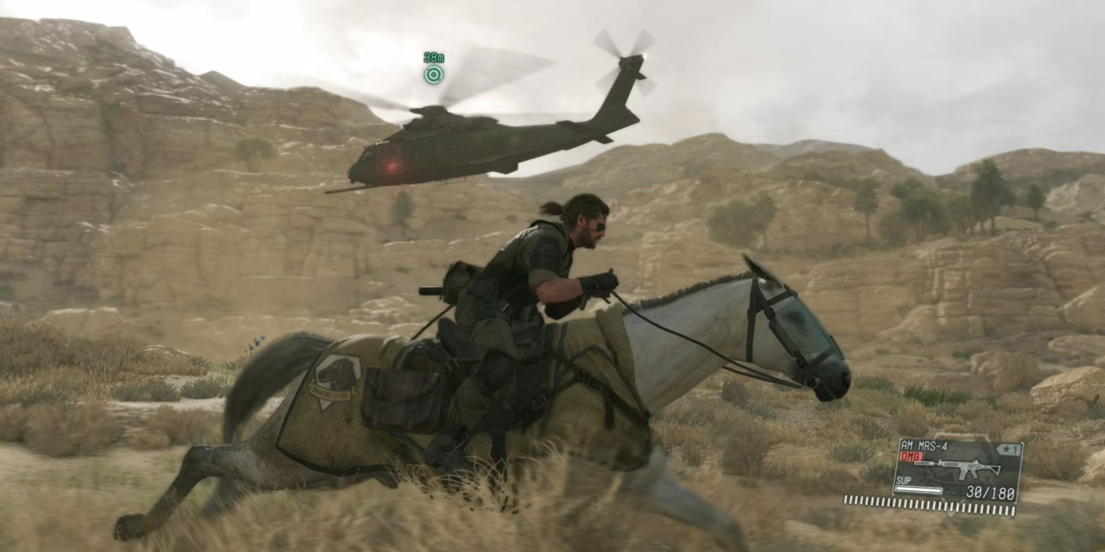 Snake riding on D-Horse in Metal Gear Solid 5 The Phantom Pain.